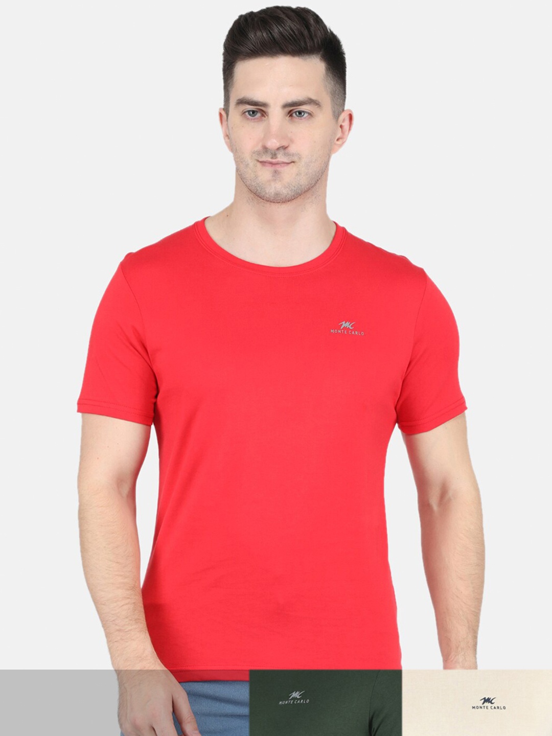 

Monte Carlo Men Red & Beige Pack Of 3 Pure Cotton T-shirt