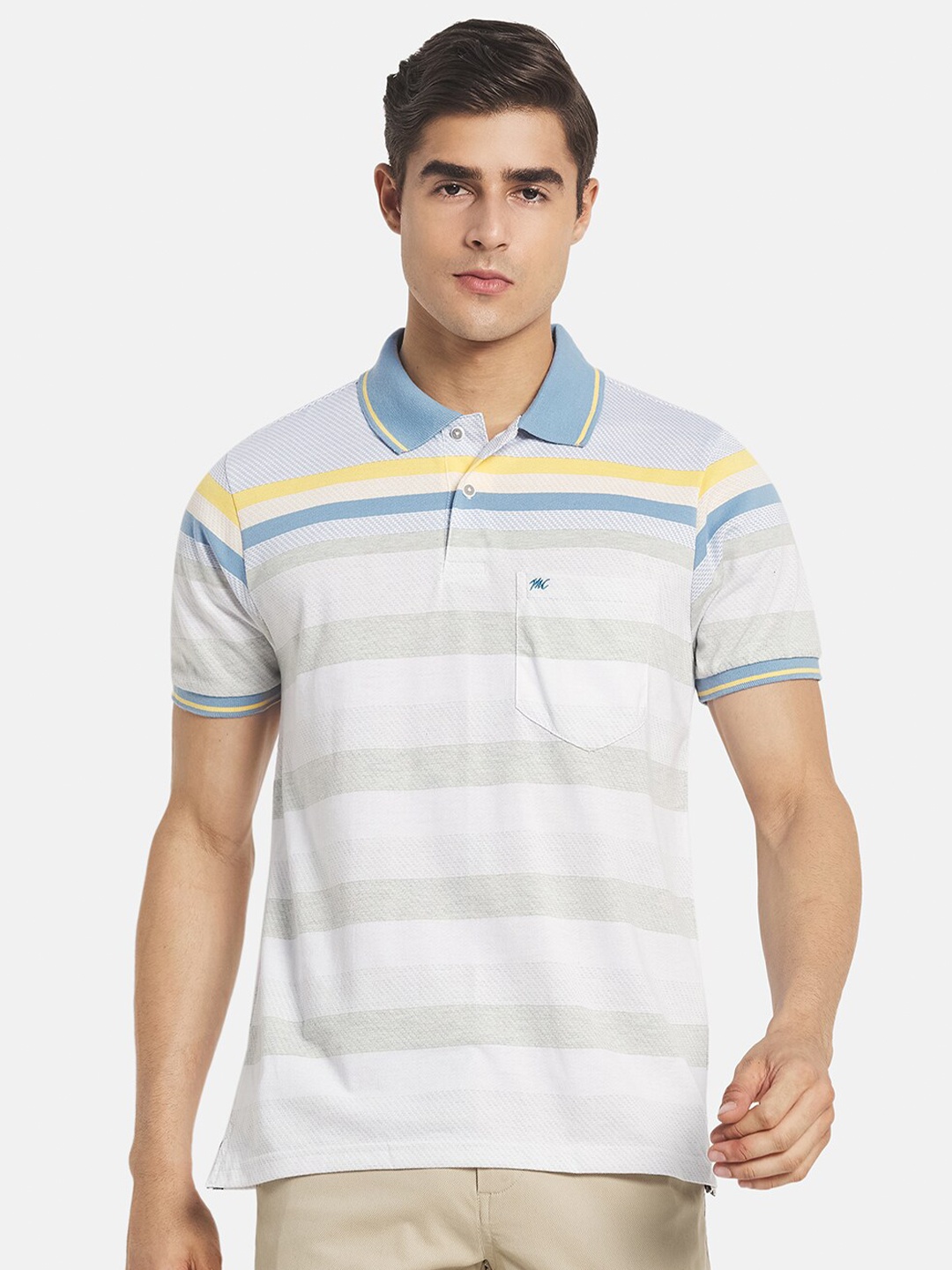 

Monte Carlo Men Off White & Grey Striped Polo Collar T-shirt