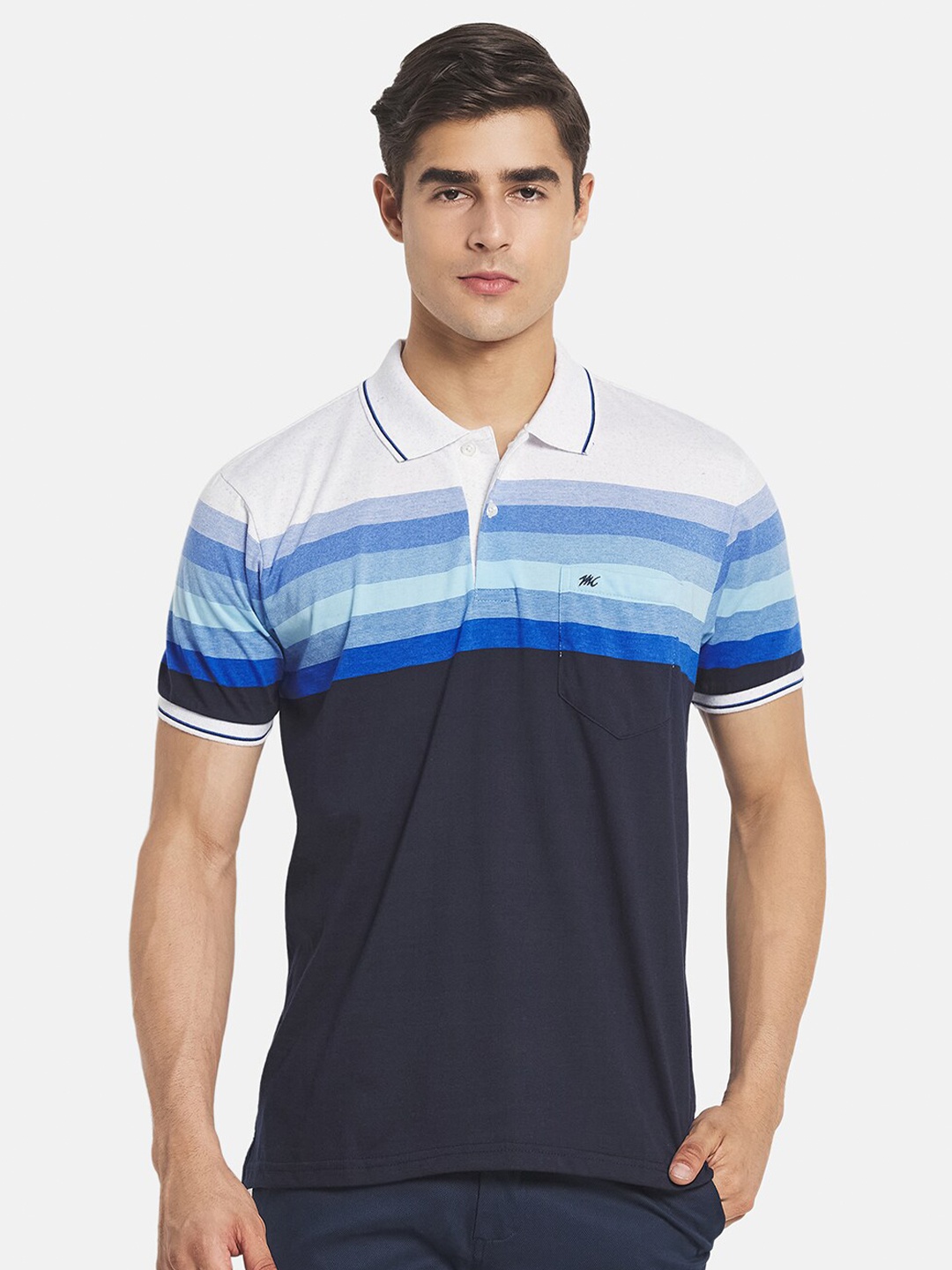 

Monte Carlo Men Navy Blue Striped Polo Collar T-shirt