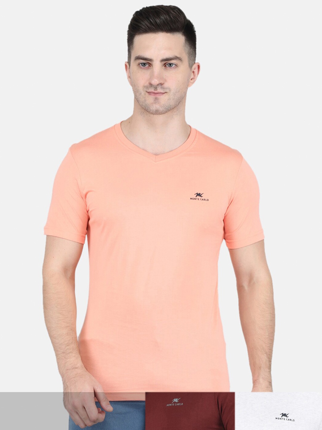 

Monte Carlo Men Peach & Maroon Pack Of 3 V-Neck Cotton T-shirts