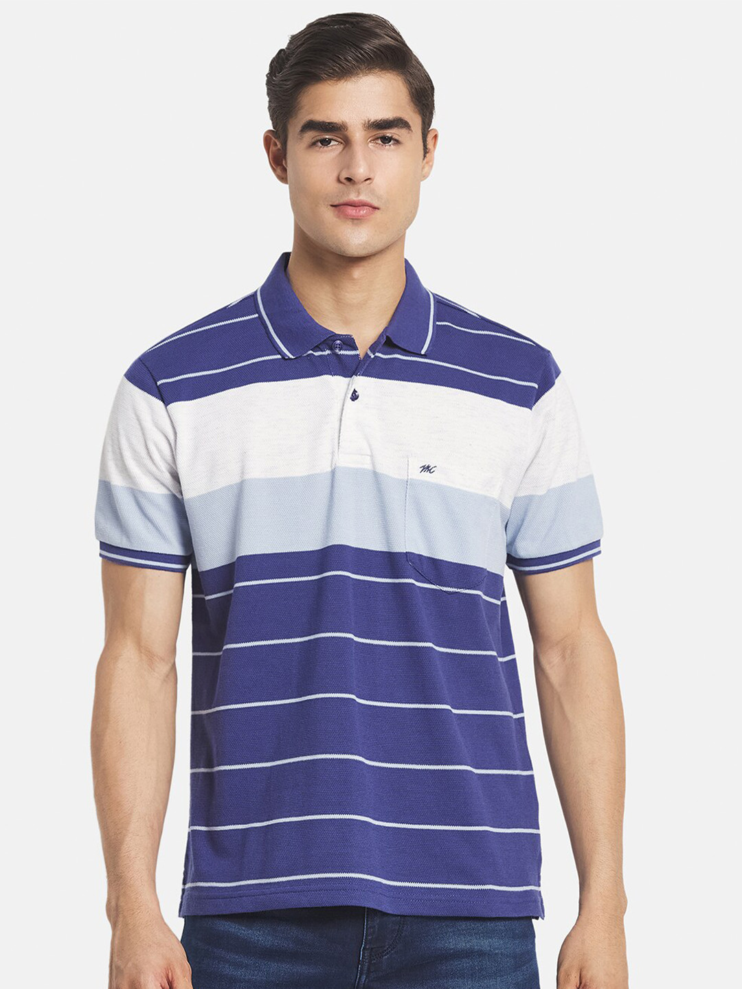 

Monte Carlo Men Blue Striped Polo Collar Cotton T-shirt