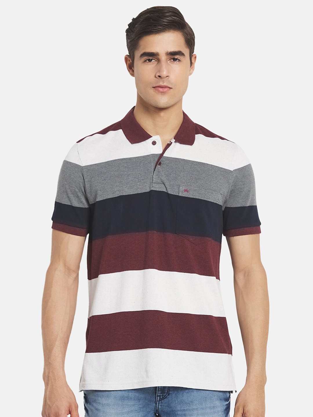 

Monte Carlo Men Maroon & White Colourblocked Polo Collar Cotton T-shirt