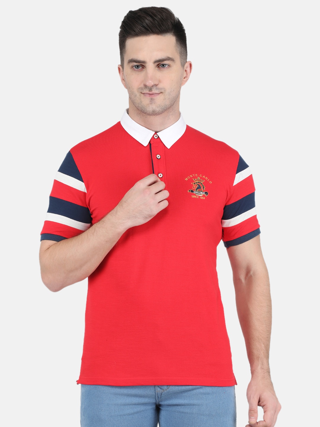 

Monte Carlo Men Red Striped Polo Collar T-shirt