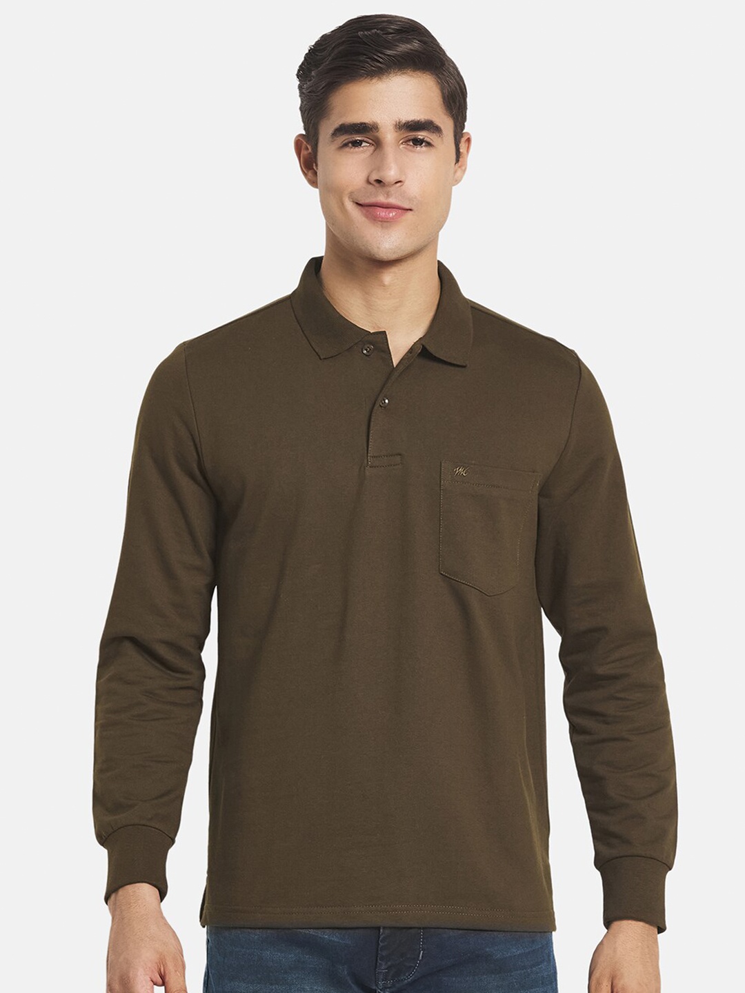 

Monte Carlo Men Olive Green Polo Collar Solid Cotton T-shirt