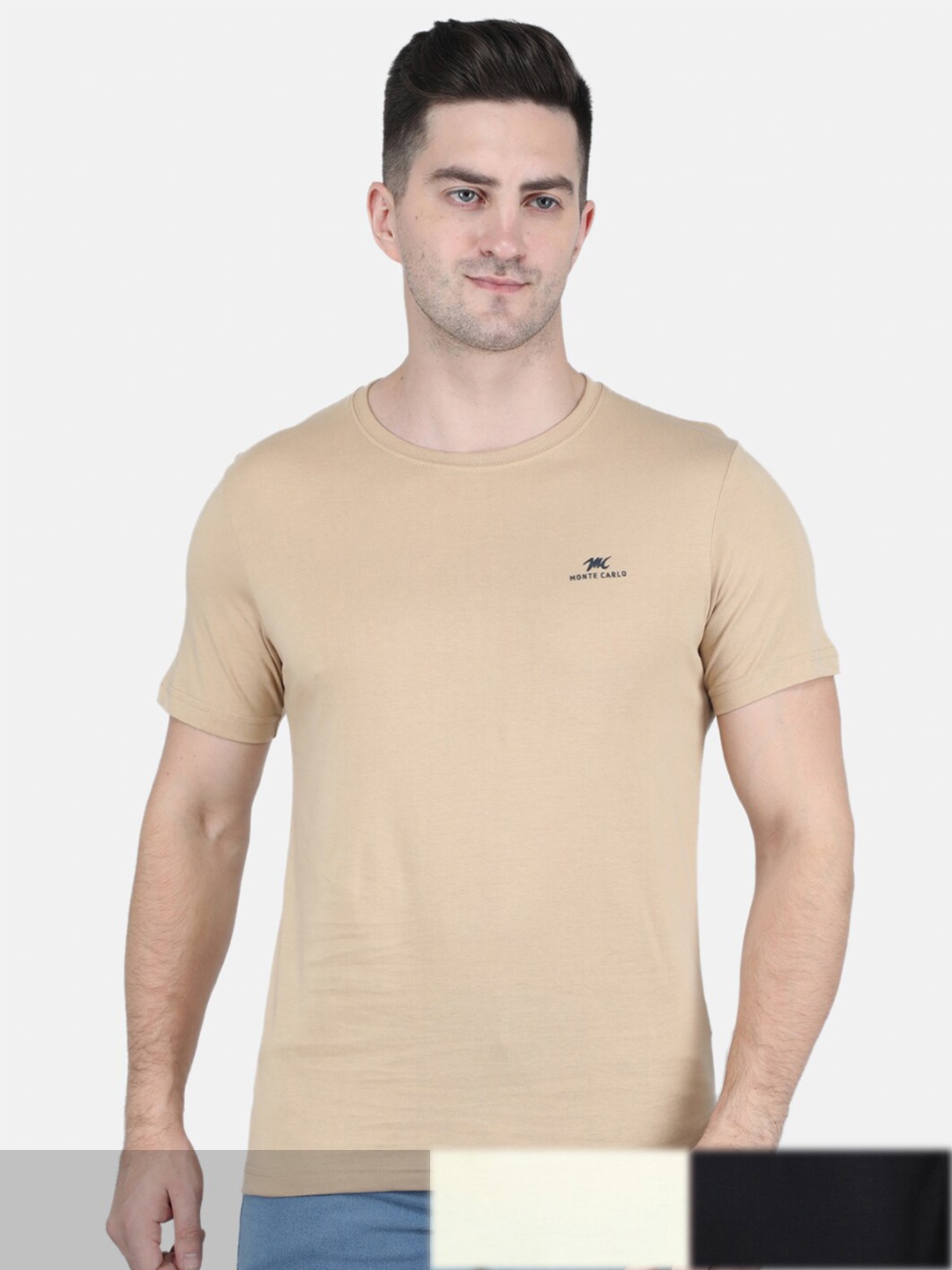 

Monte Carlo Men Pack Of 3 Beige & Black Solid Cotton T-shirt