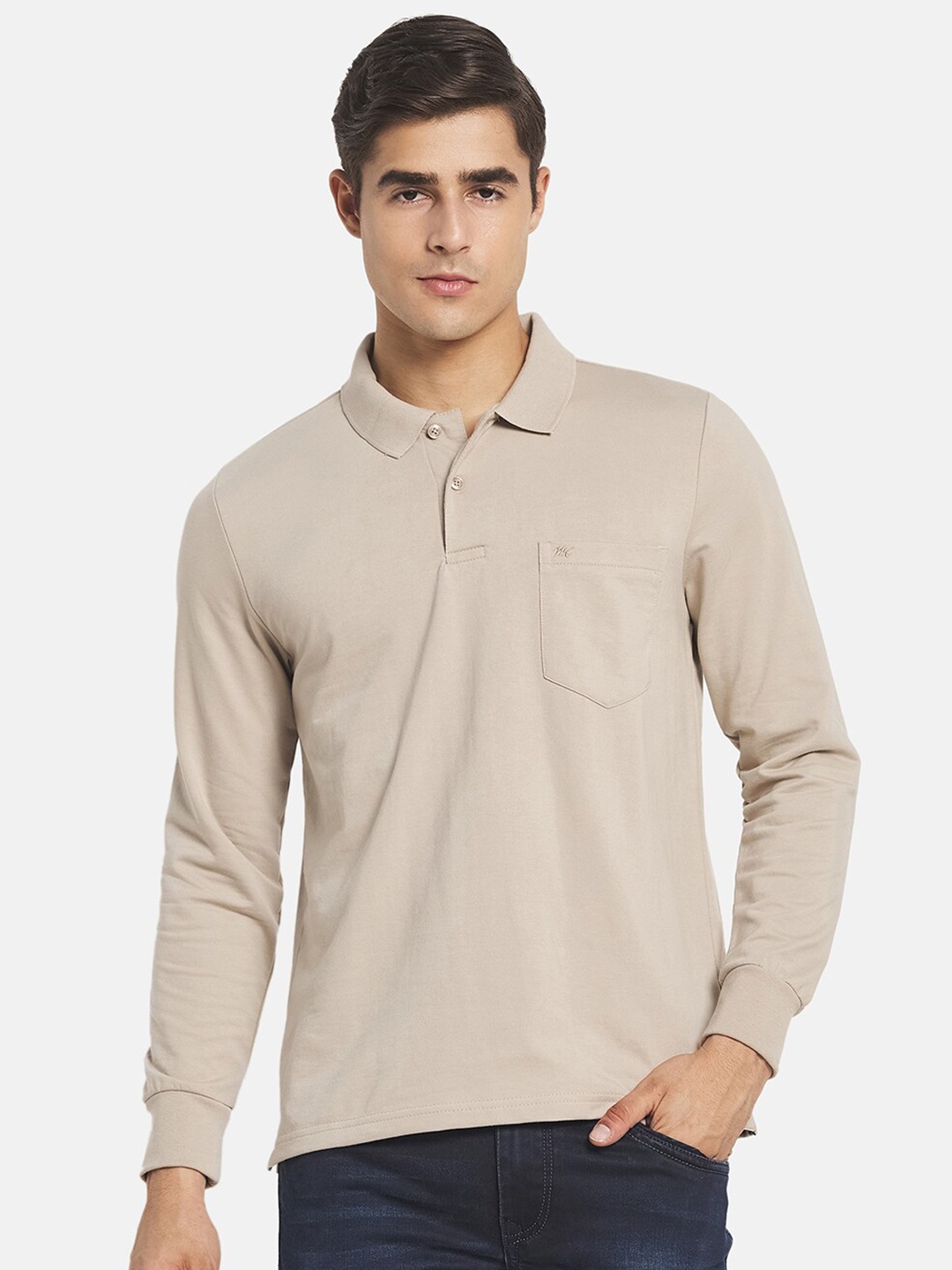 

Monte Carlo Men Beige Polo Collar Solid Cotton T-shirt