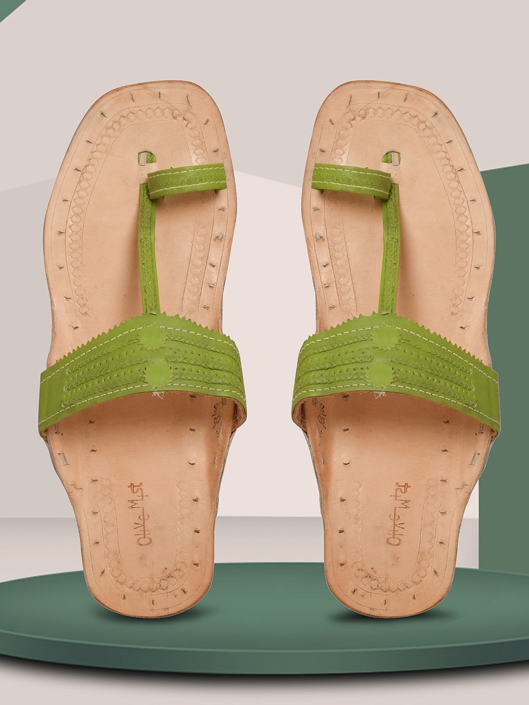 

OLIVE MIST Women Green Ethnic Handcrafted Leather Kolhapuri One Toe Flats