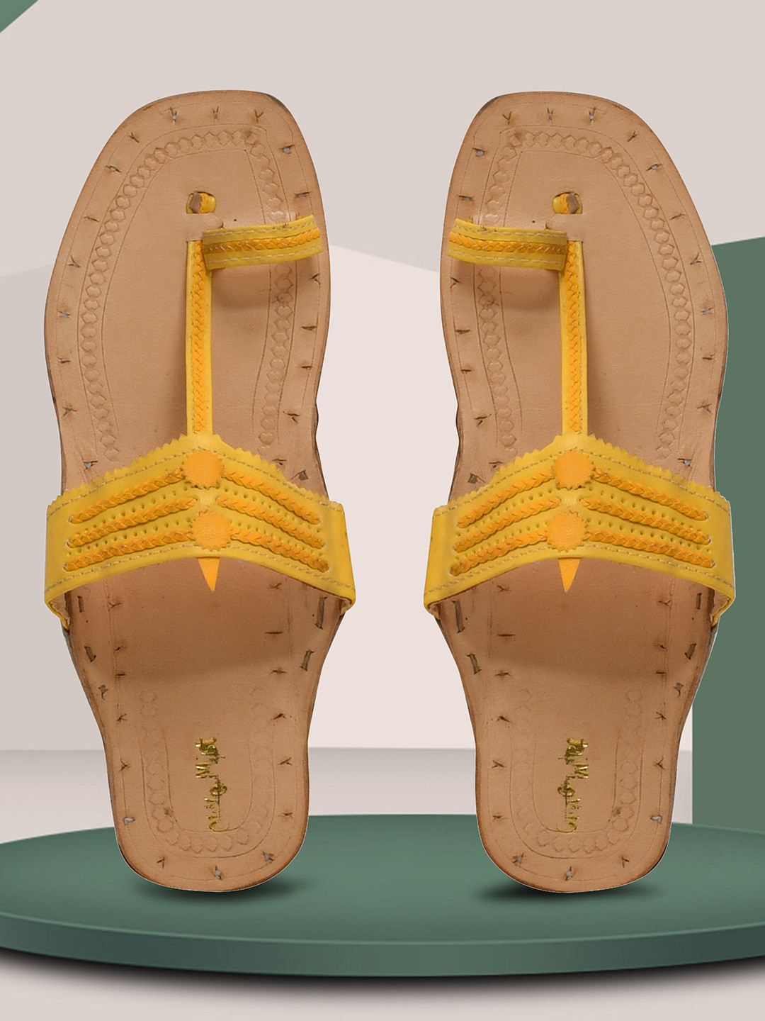 

OLIVE MIST Women Yellow Ethnic Handcrafted Leather Kolhapuri One Toe Flats