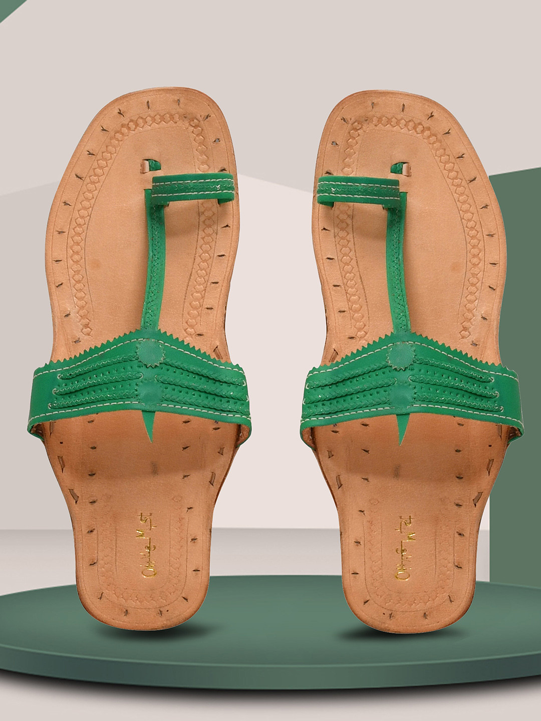 

OLIVE MIST Women Green Ethnic Handcrafted Leather Kolhapuri One Toe Flats