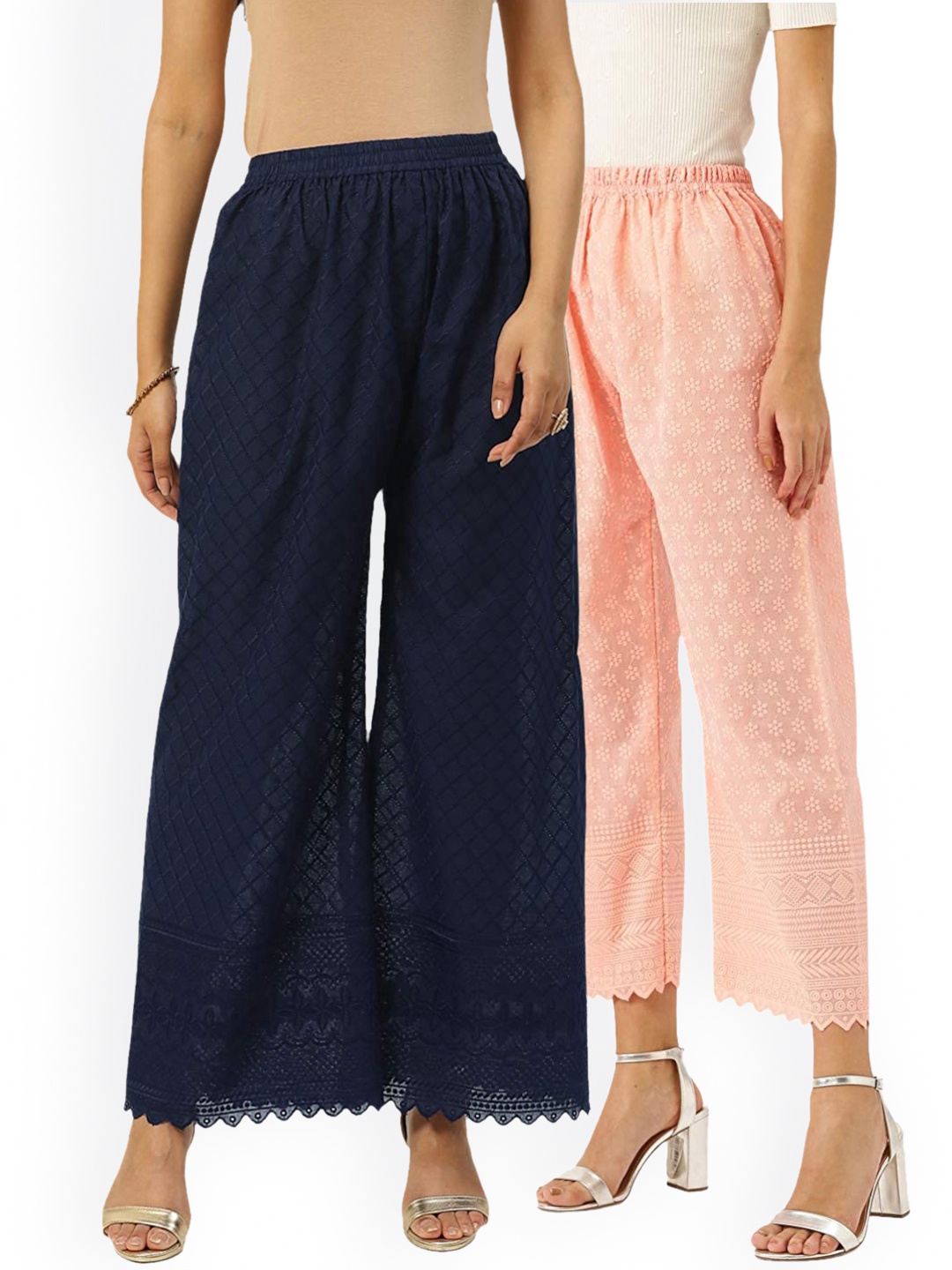 

Vastraa Fusion Women Pack of 2 Navy Blue & Peach Floral Embroidered Cotton Palazzos