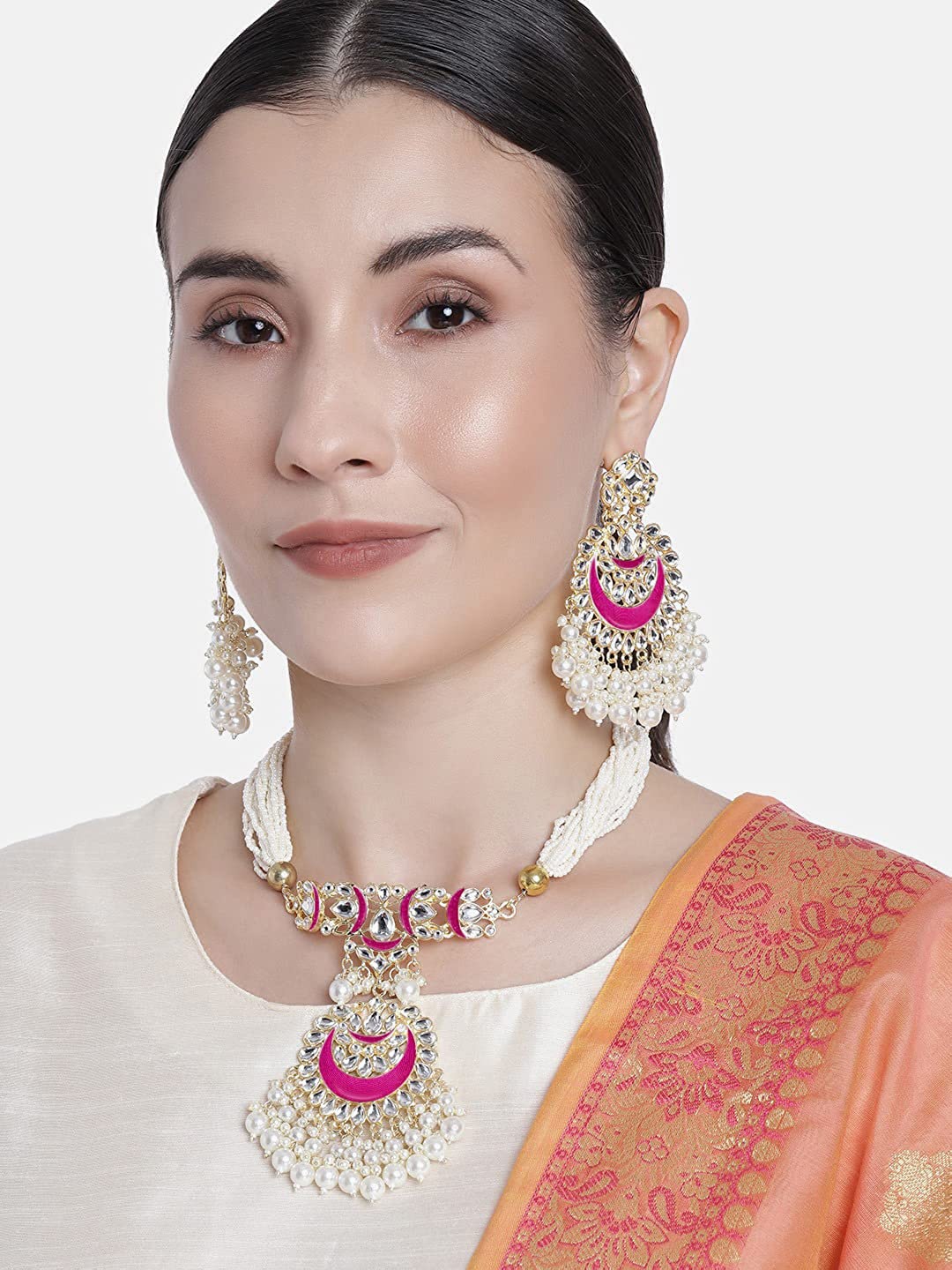 

I Jewels Gold-Plated Pink Kundan-Studded & Beaded Jewellery Set