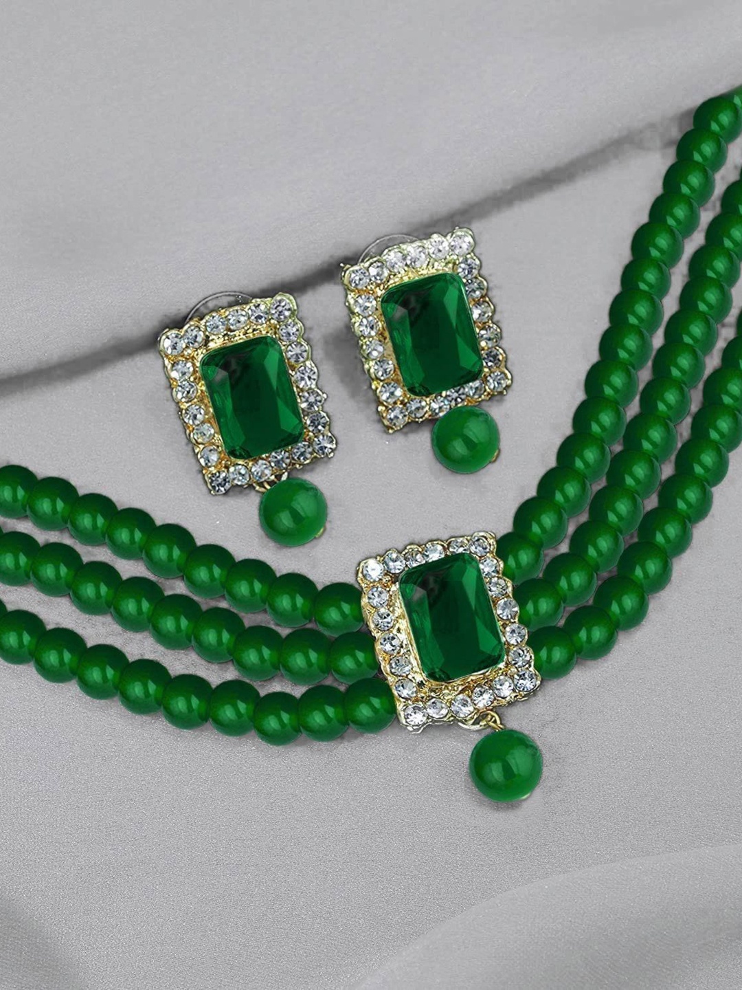 

I Jewels Gold-Plated Green & White Beaded & Stone-Studded Choker Set
