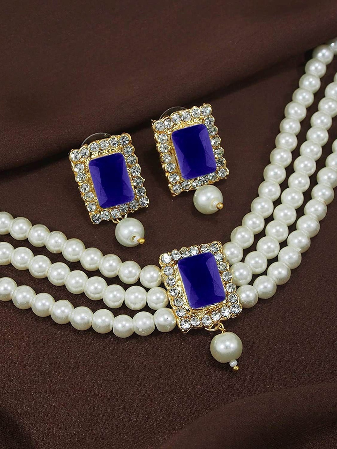 

I Jewels Gold-Plated Blue Stone-Studded & White Beaded Jewellery Set