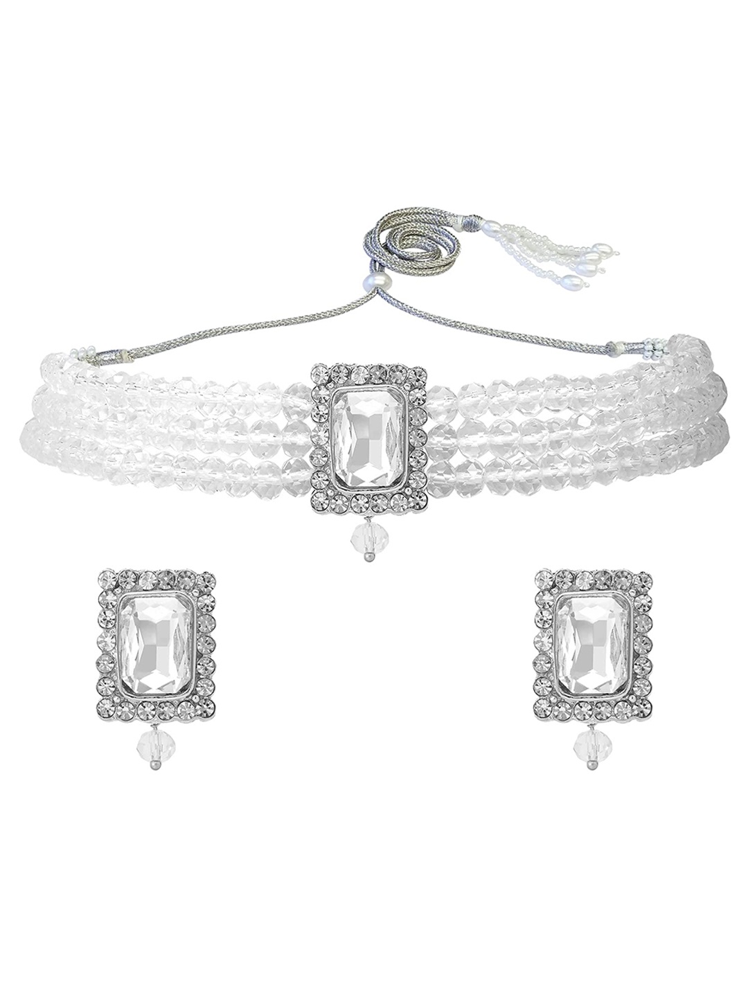 

I Jewels Rhodium-Plated Silver-Toned & White Stones Studded & Beaded Jewellery Set