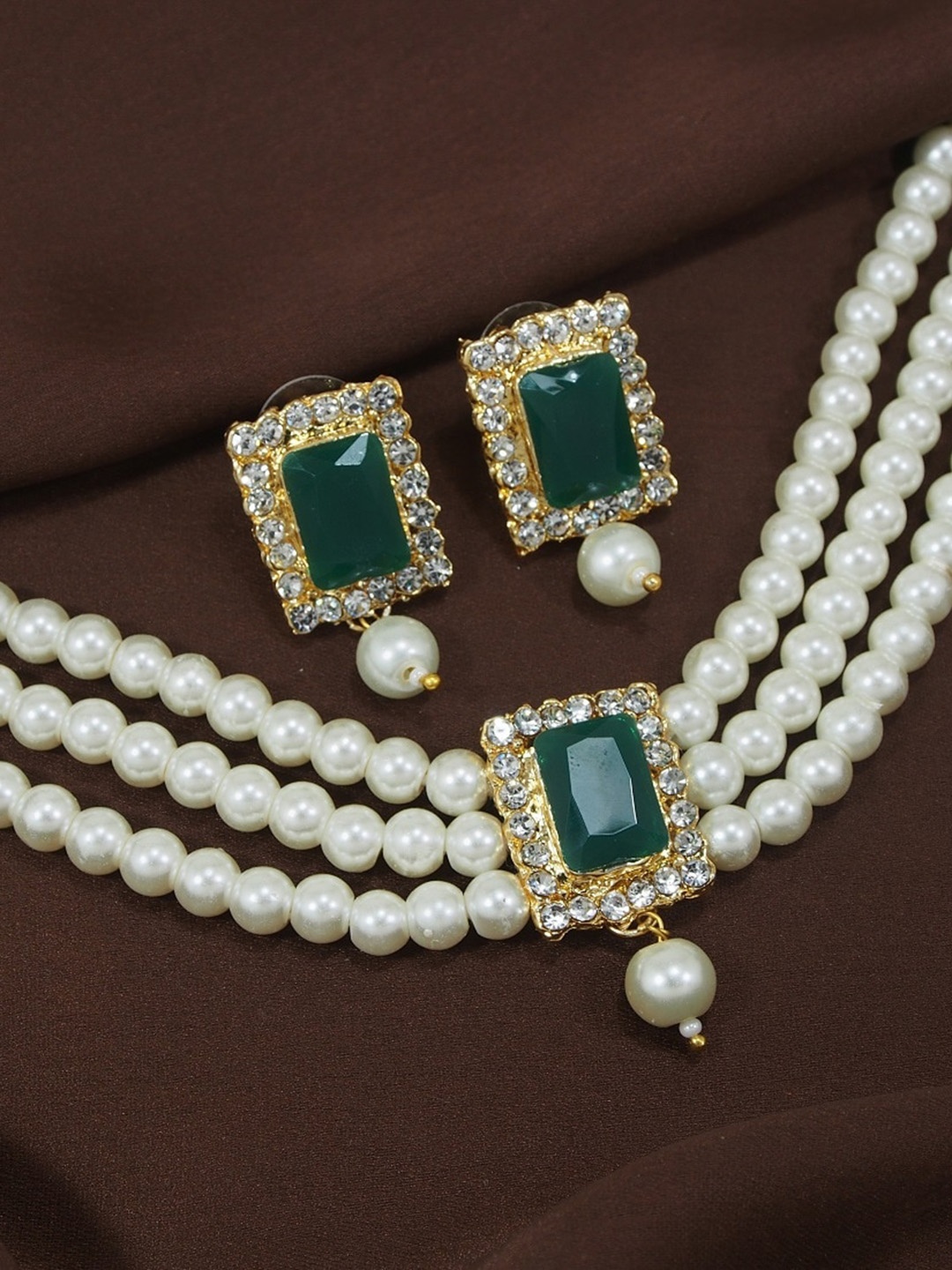 

I Jewels Gold-Plated Green & White Stone Studded Jewellery Set