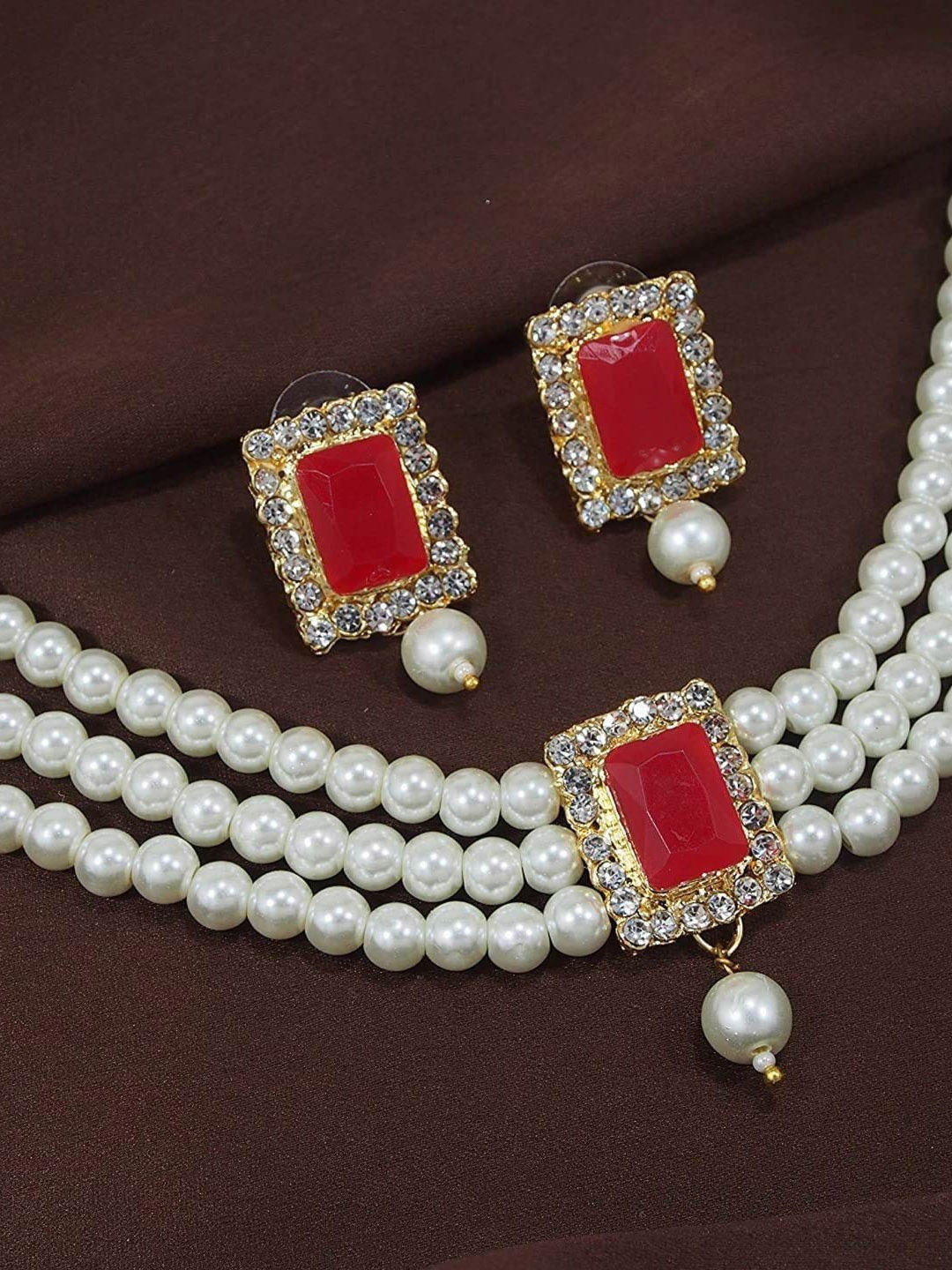 

I Jewels Gold-Plated Red & White Stone-Studded & Beaded Jewellery Set