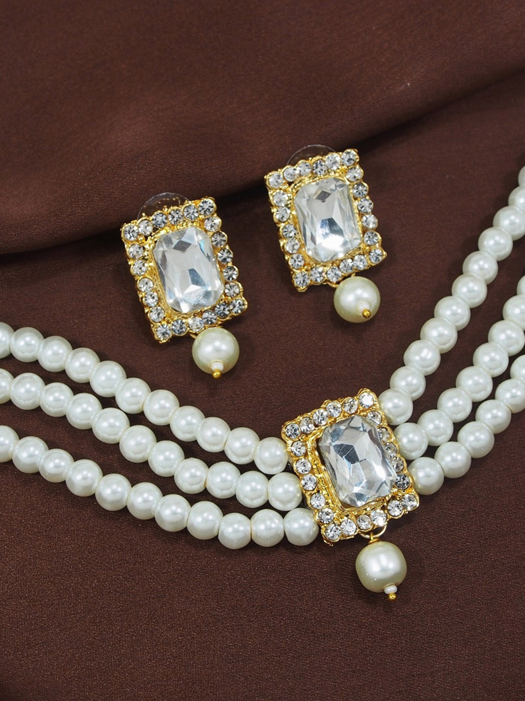 

I Jewels Gold-Plated White-Beaded & Stone Studded Choker Jewellery Set