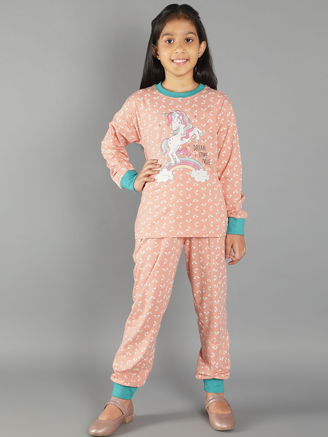 

Ninos Dreams Girls Peach-Coloured & Blue Printed Night suit