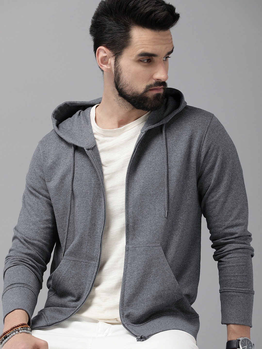 

Roadster Men Charcoal Grey Solid Hooded Sweatshirt