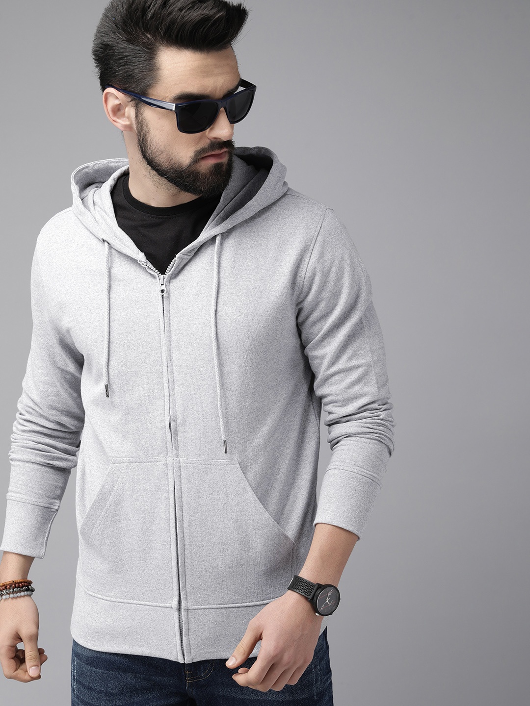 

Roadster Men Grey Melange Solid Hooded Sweatshirt