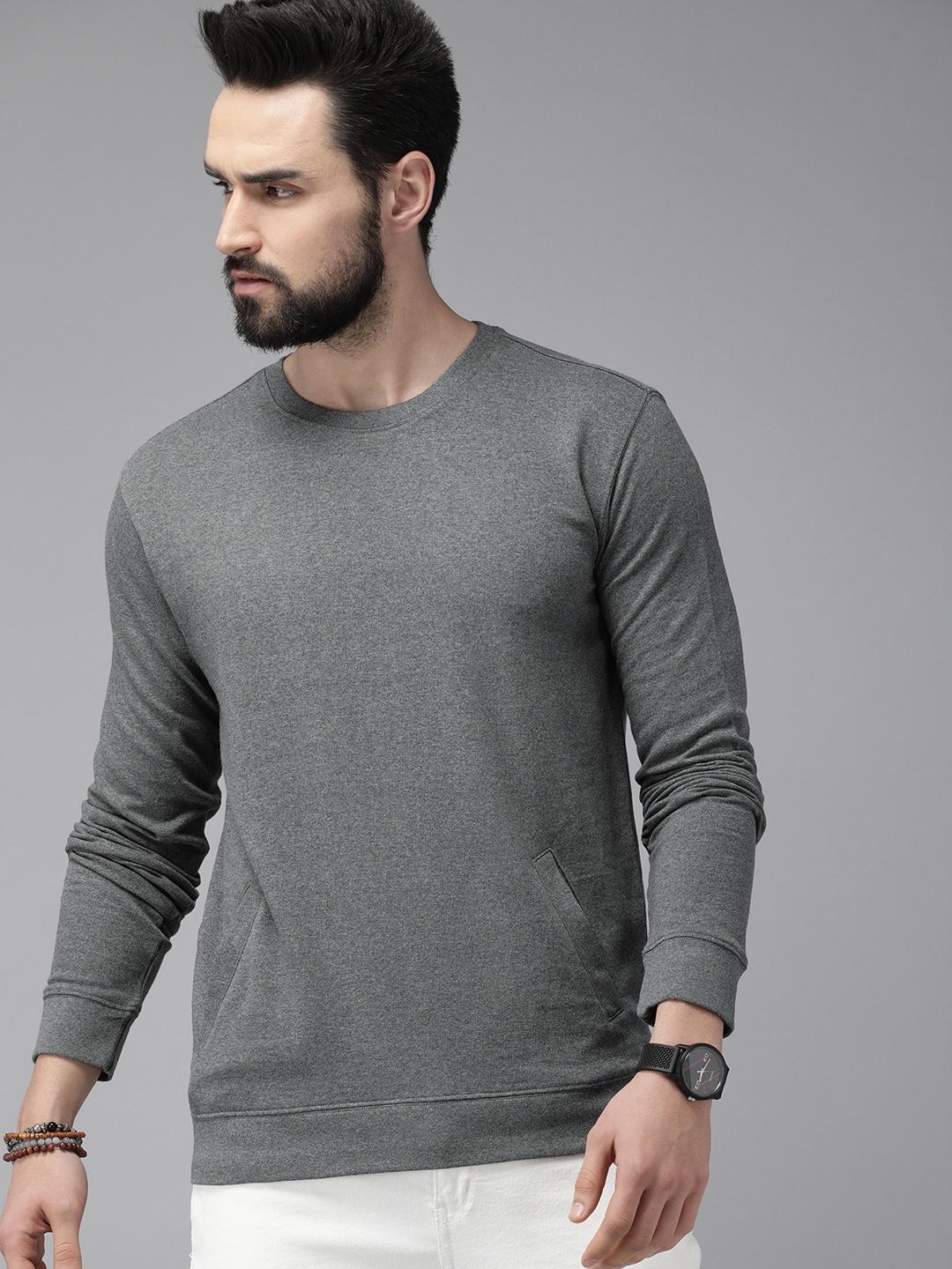 

Roadster Men Charcoal Solid Sweatshirt