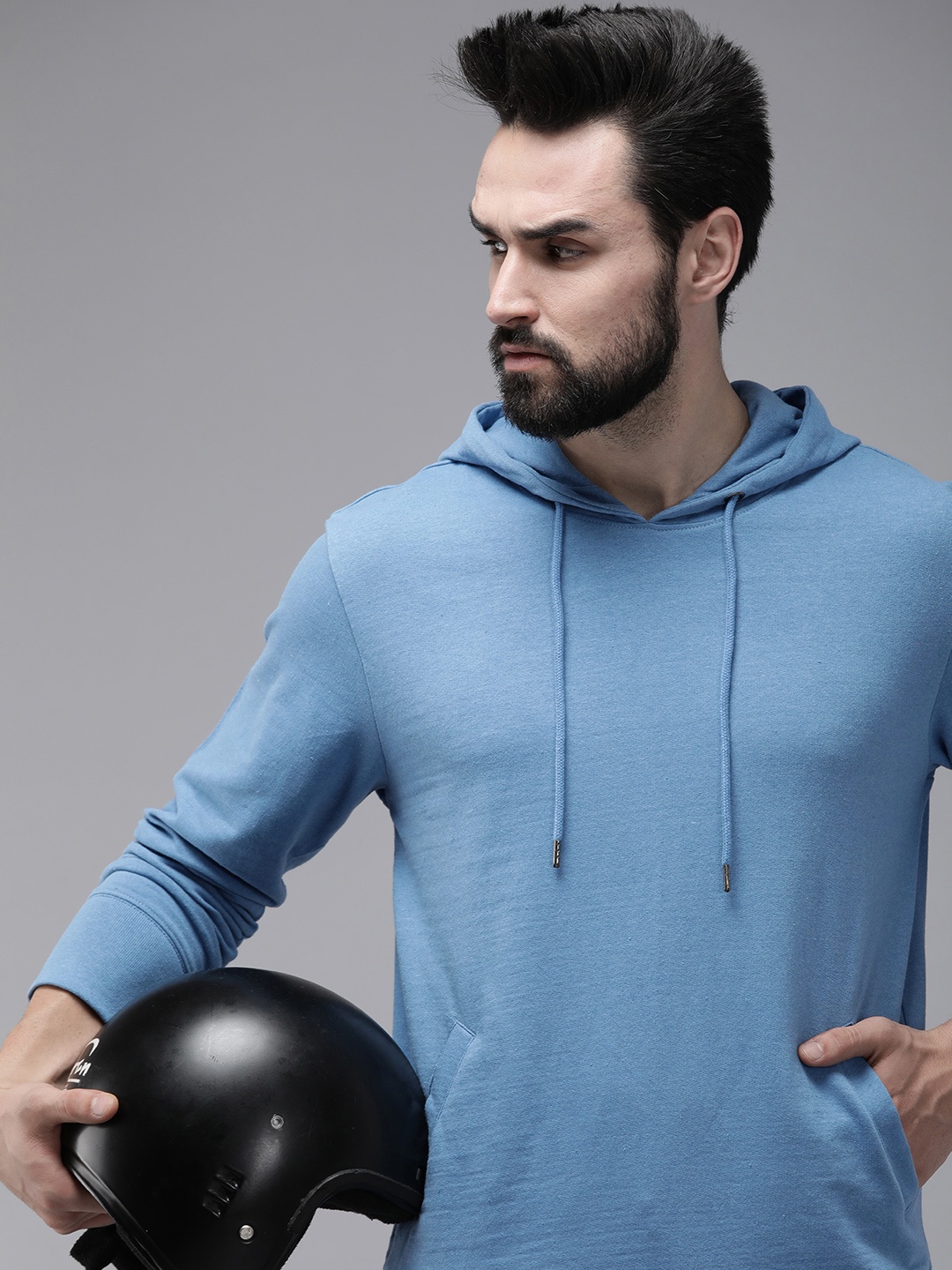 

Roadster Men Blue Solid Hooded Sweatshirt