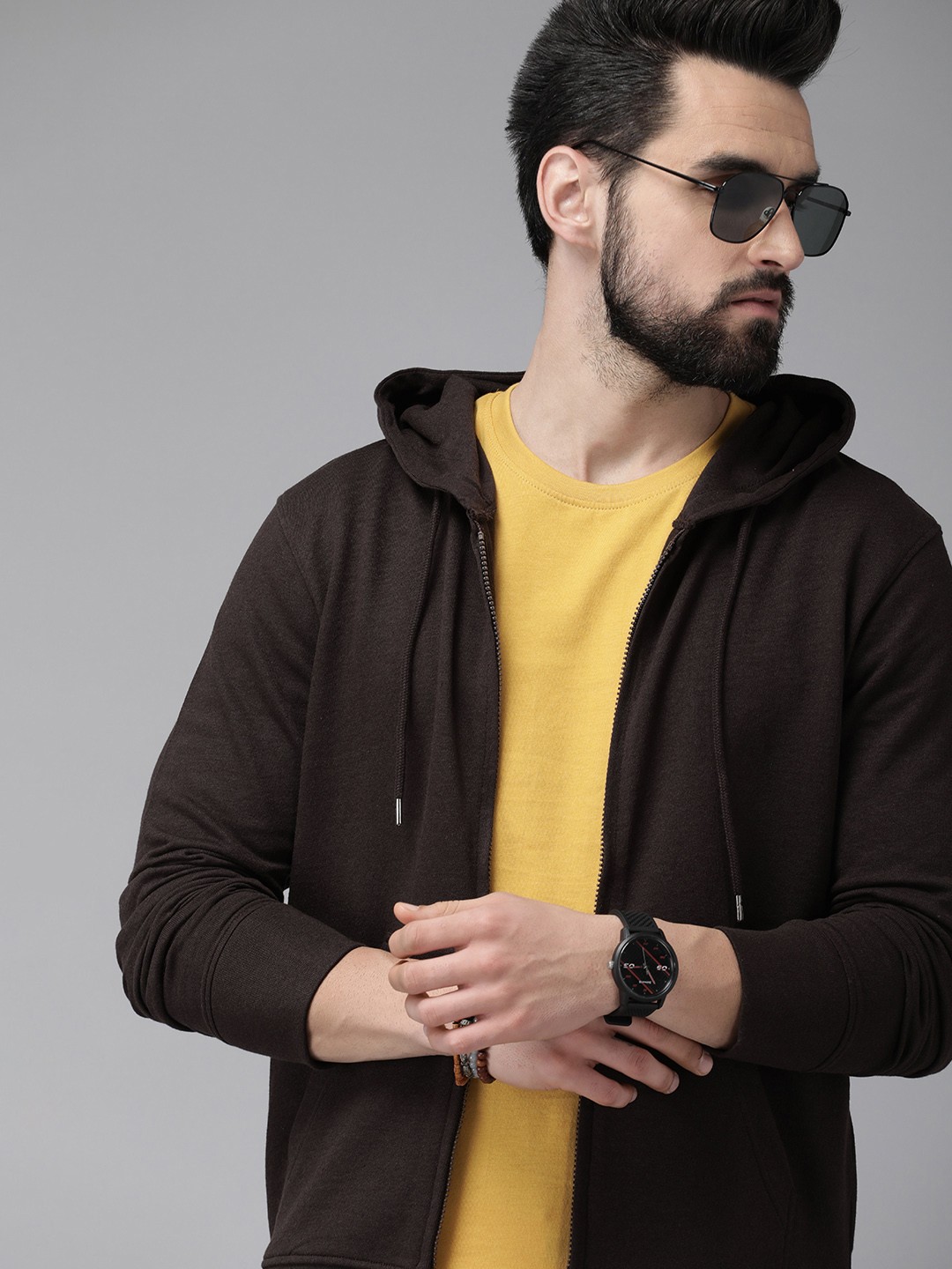 

Roadster Men Coffee Brown Solid Hooded Sweatshirt