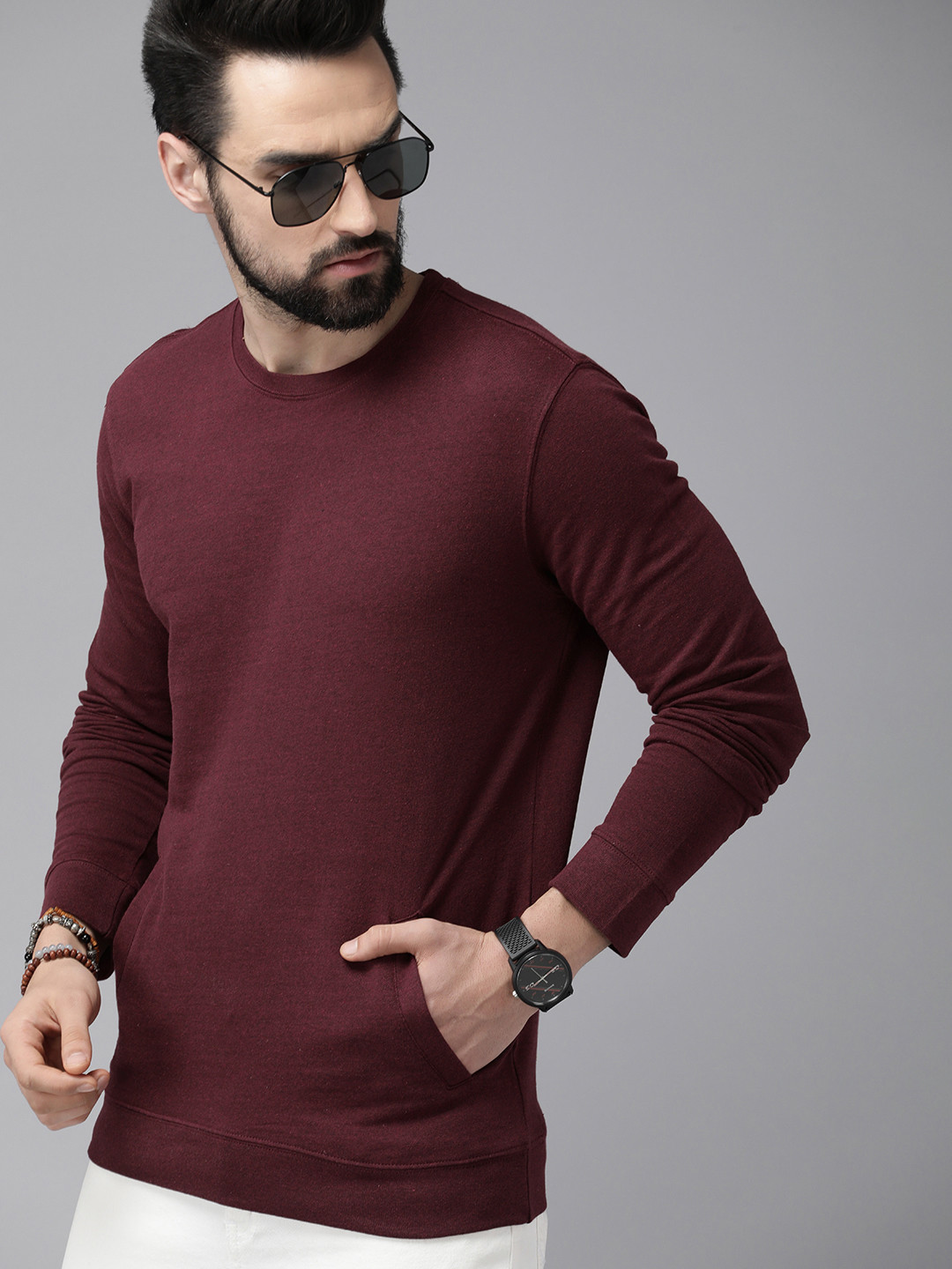 

Roadster Men Burgundy Solid Sweatshirt