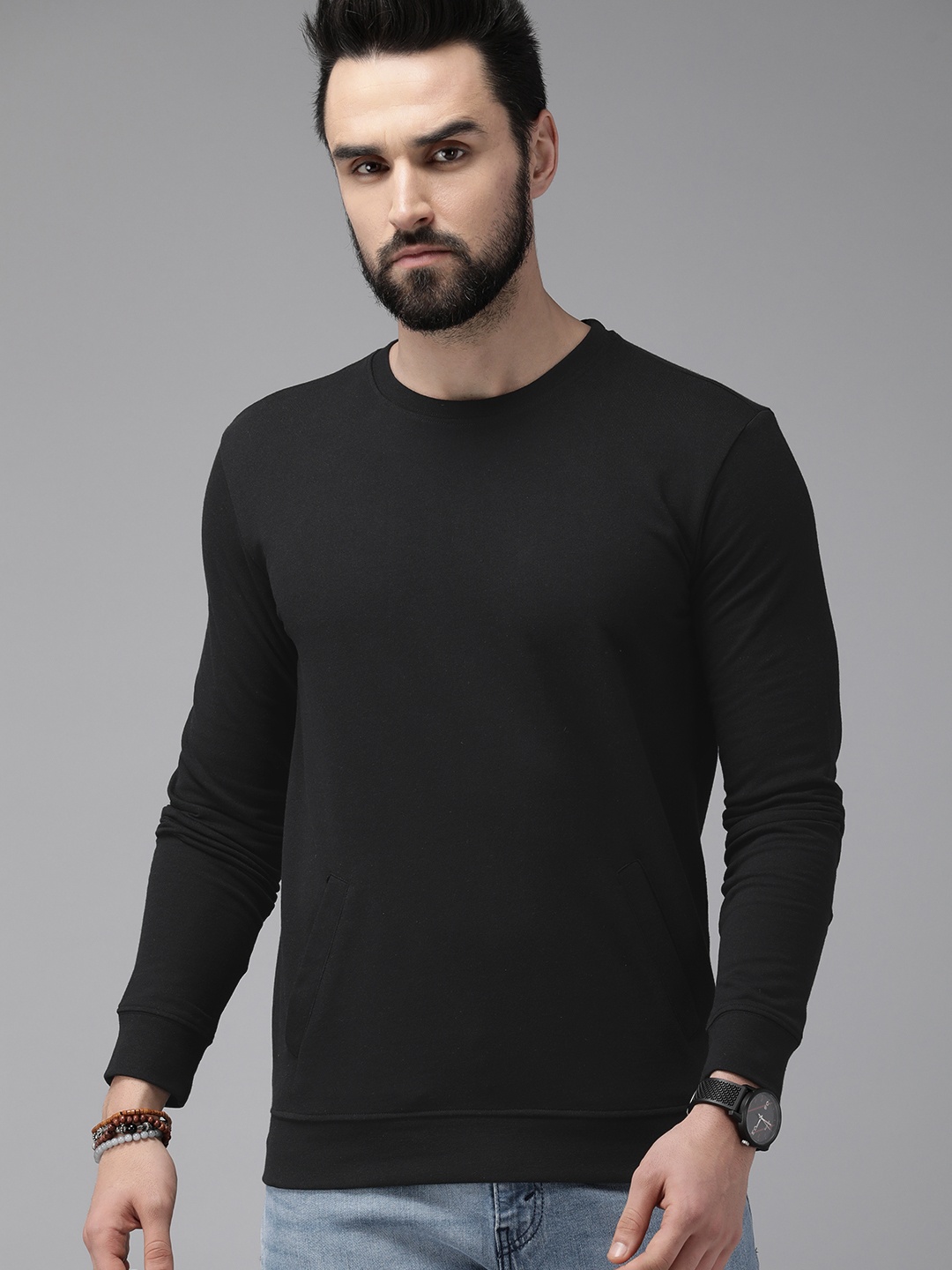 

Roadster Men Black Solid Sweatshirt