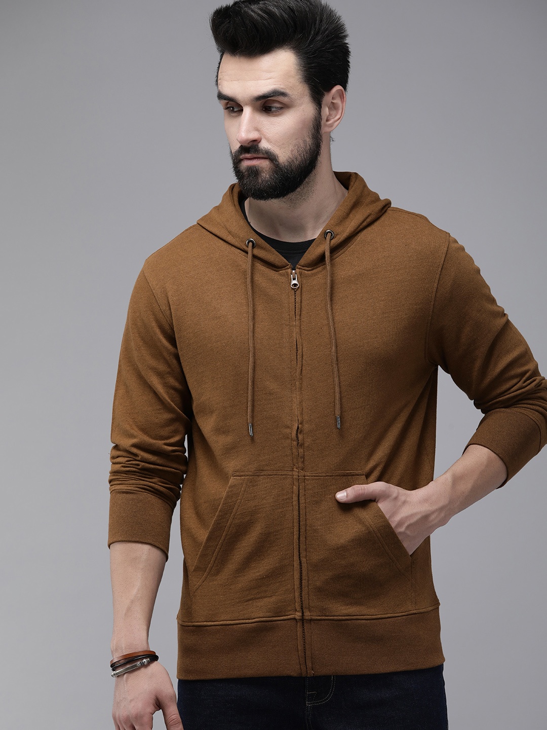 

Roadster Men Brown Solid Hooded Sweatshirt