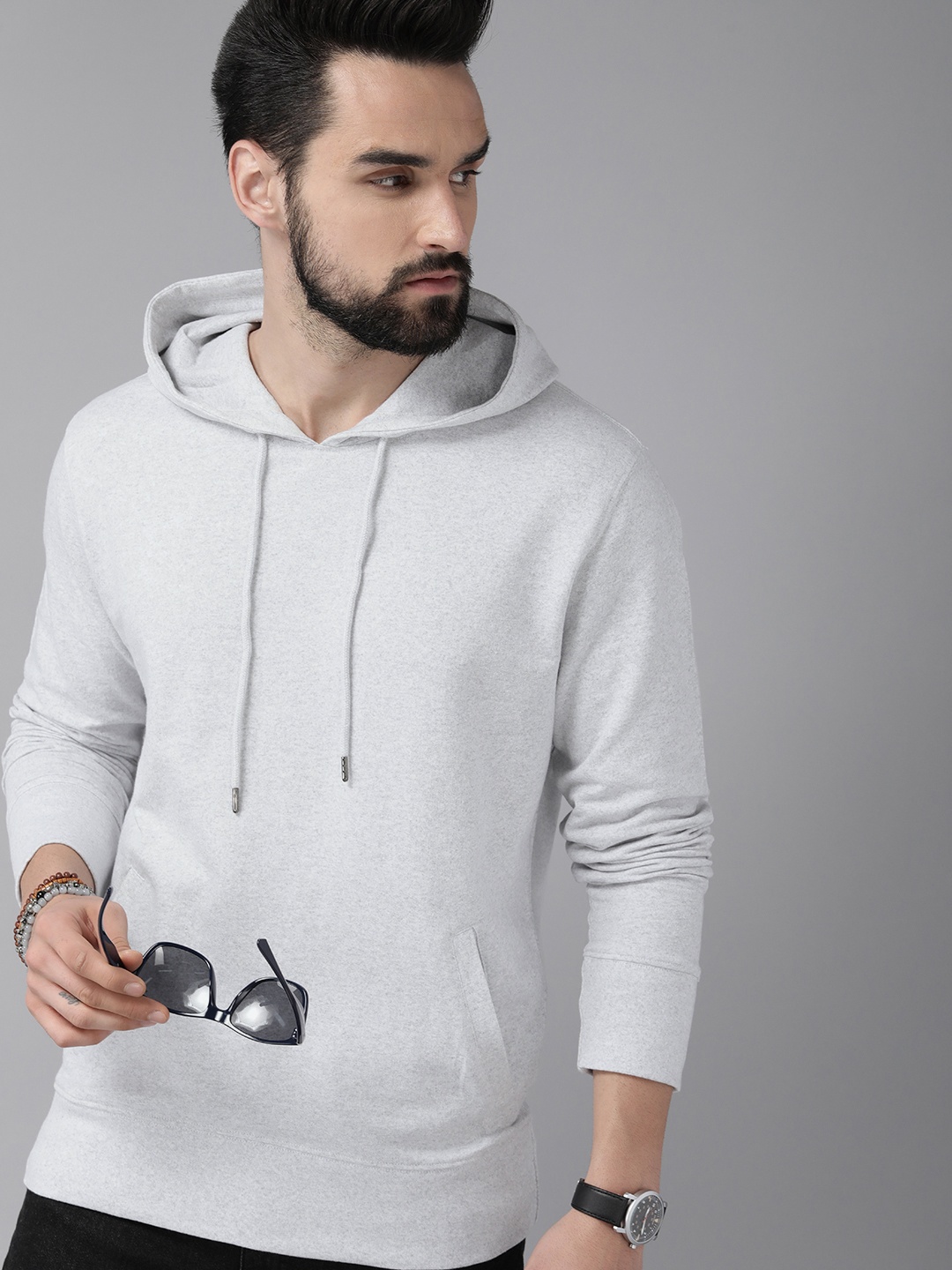 

Roadster Men Grey Melange Solid Hooded Sweatshirt