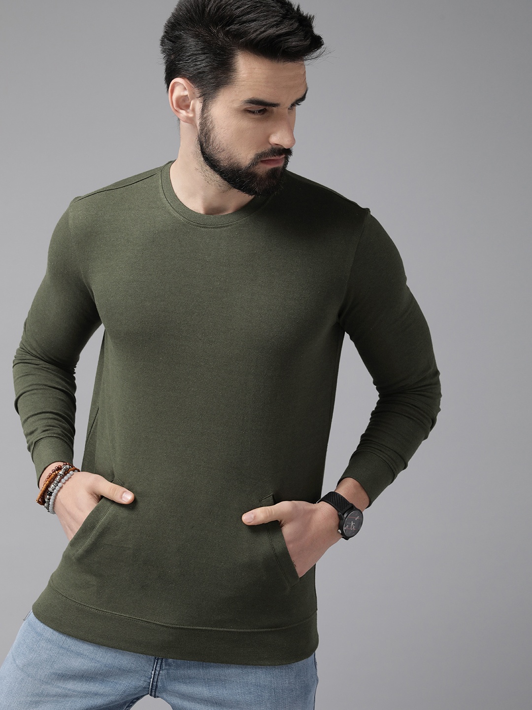 

Roadster Men Olive Green Solid Sweatshirt