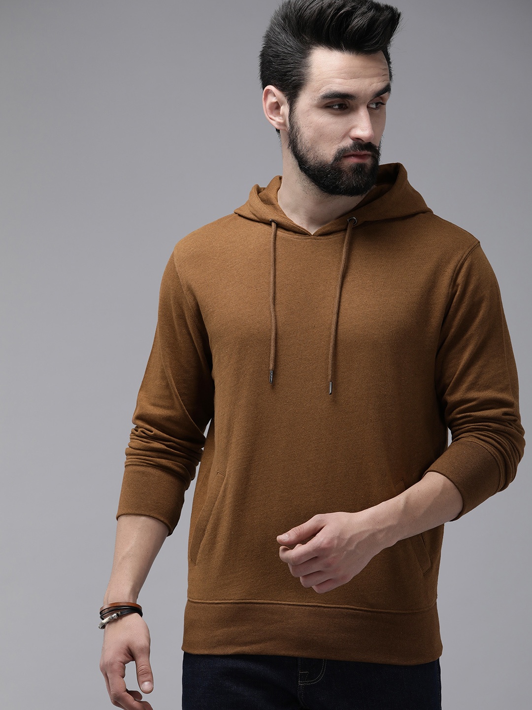 

Roadster Men Brown Solid Hooded Sweatshirt