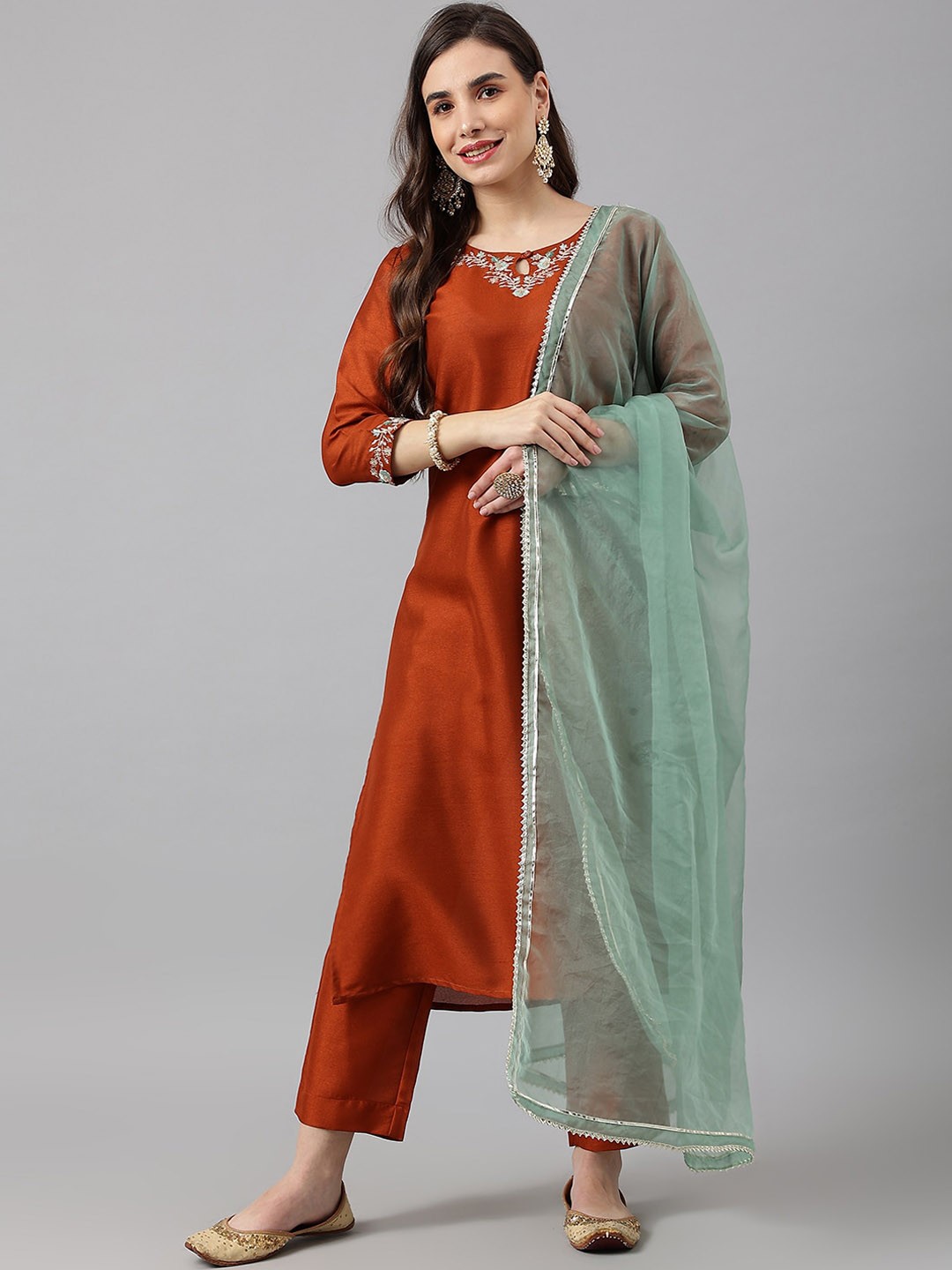 

SIAH Women Rust Embroidered Silk Crepe Kurta with Trousers & With Dupatta