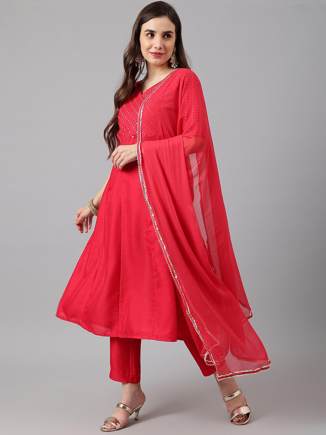 

SIAH Women Pink Yoke Design Sequinned Silk Crepe Kurta with Trousers & With Dupatta