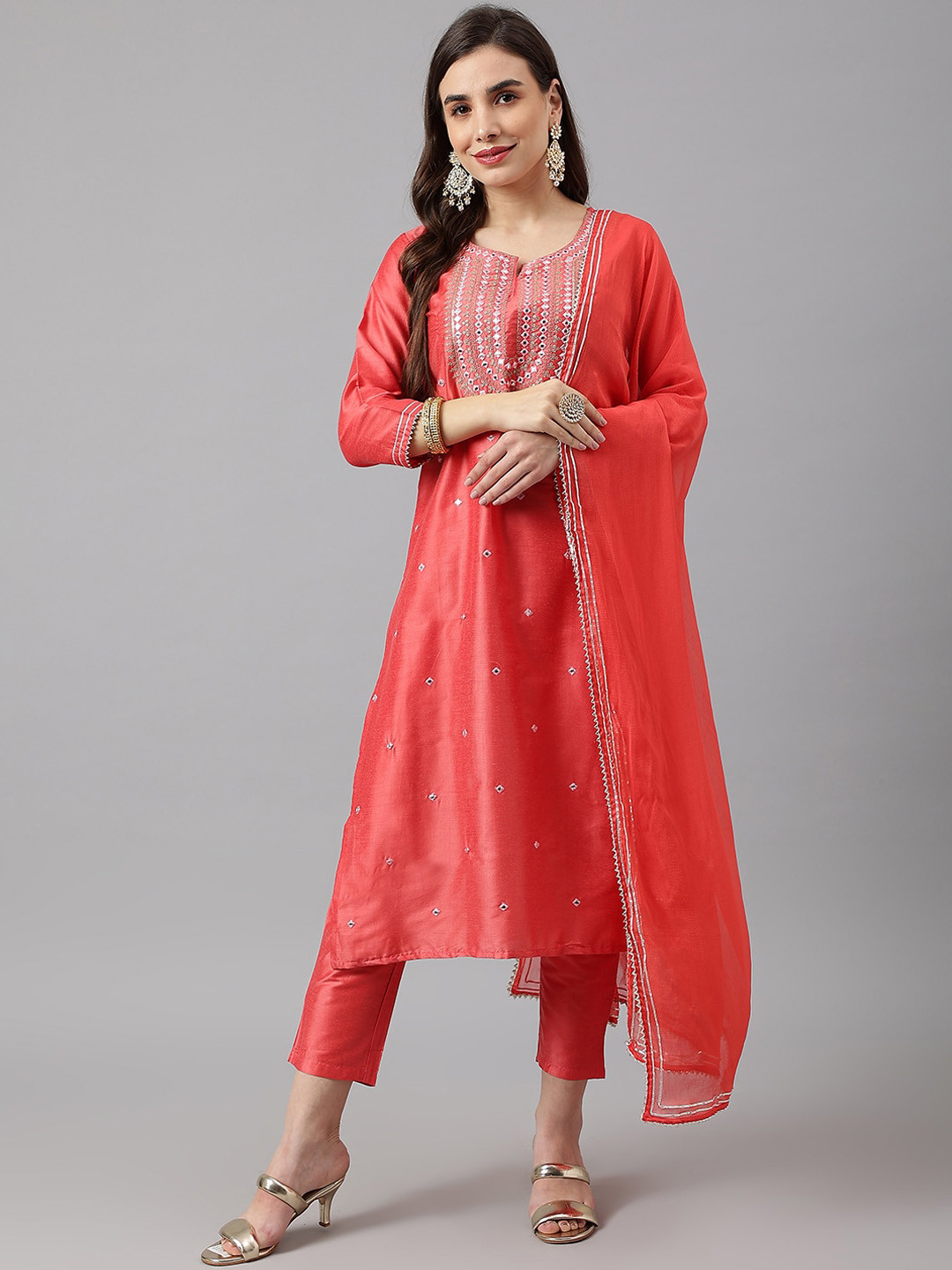 

SIAH Women Coral Embroidered Mirror Work Kurta with Trousers & With Dupatta