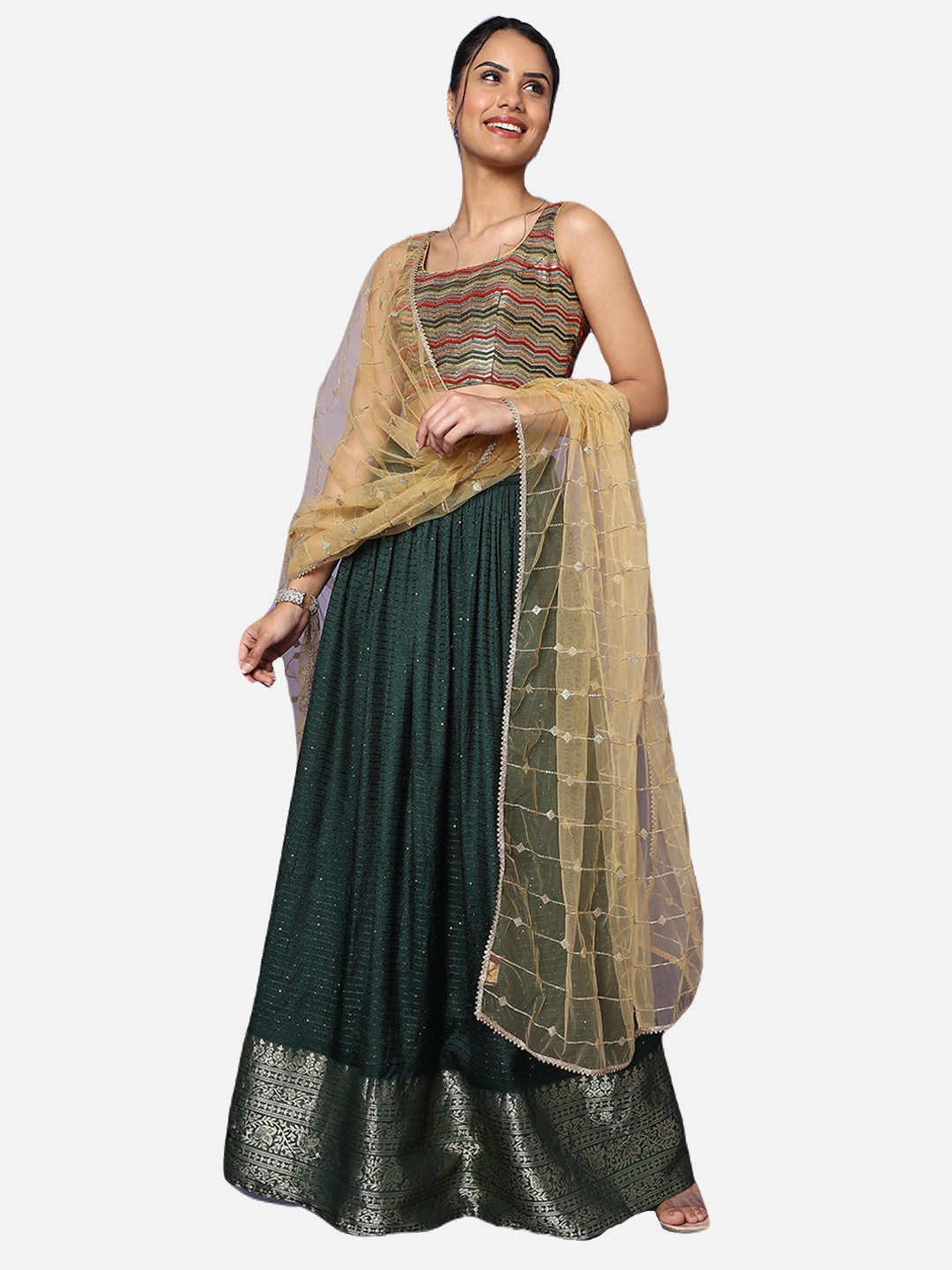 

SALWAR STUDIO Women Gold-Toned Embroidered Net Dupatta with Sequinned