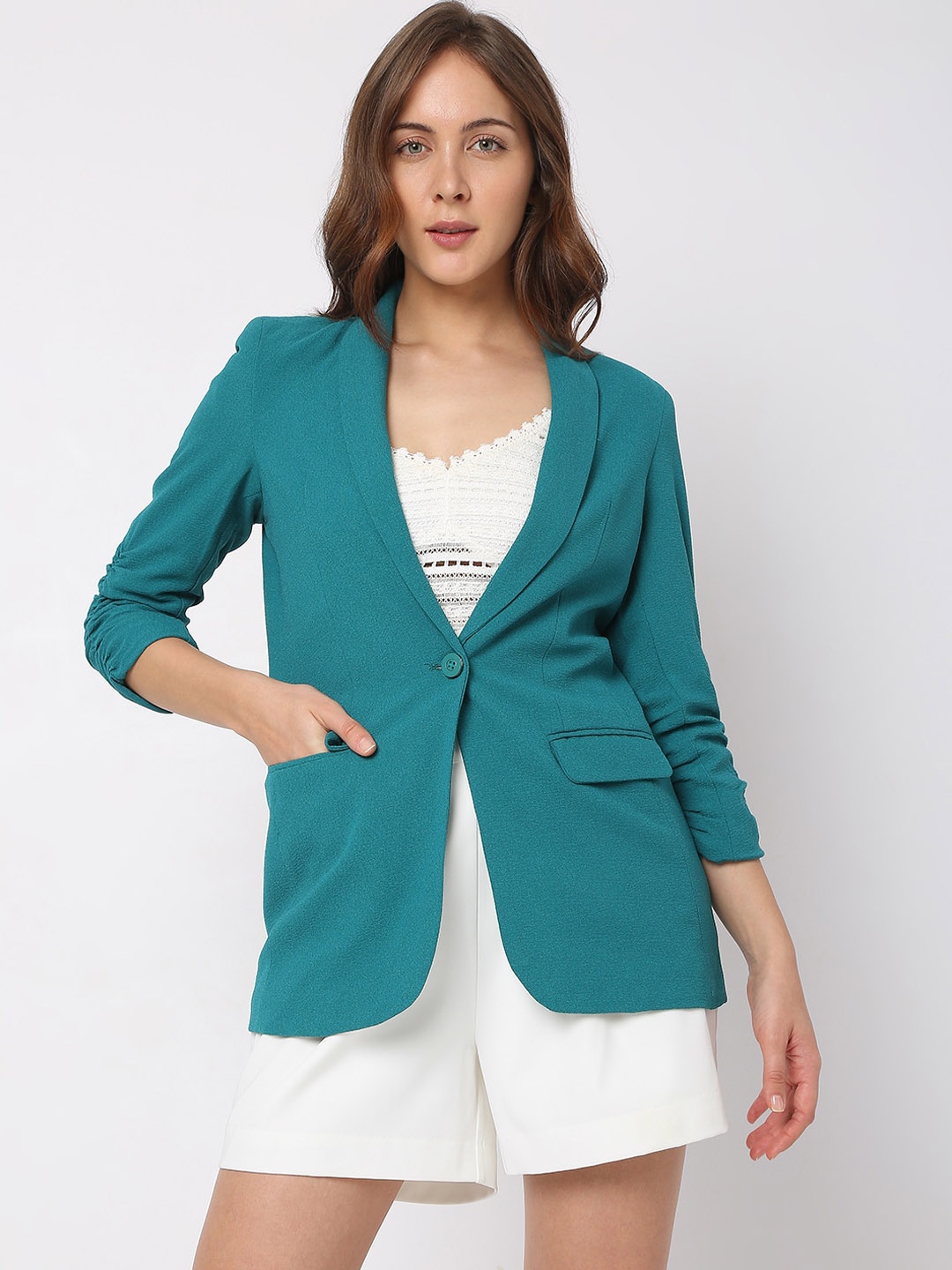 

Vero Moda Women Teal Blue Solid Single-Breasted Casual Blazers