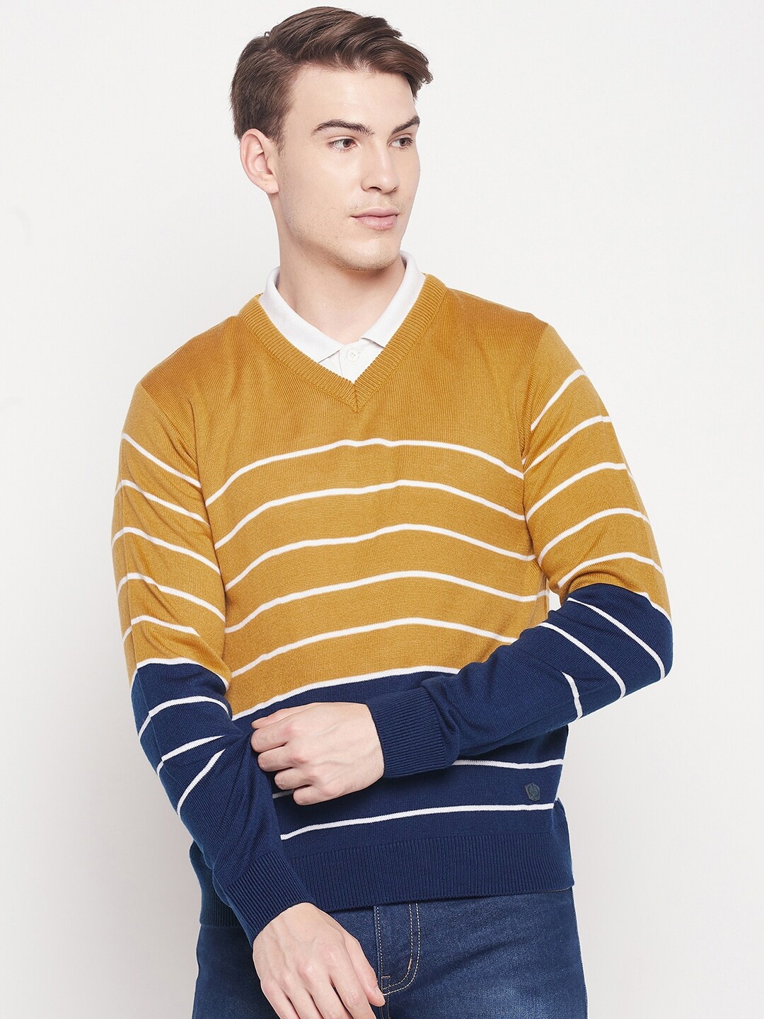 

Duke Men Yellow & Navy Blue Striped Acrylic Pullover Sweater