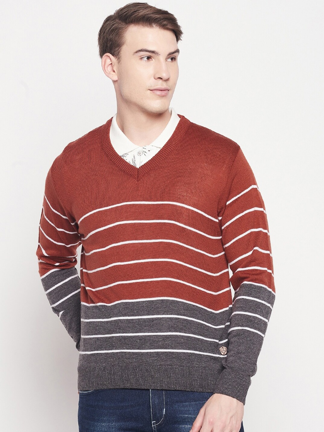 

Duke Men Orange & Grey Striped Acrylic Pullover