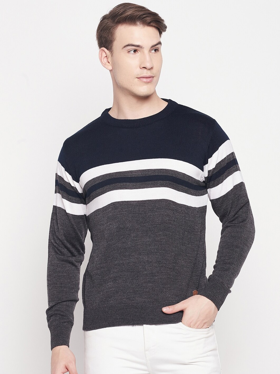 

Duke Men Grey & White Striped Acrylic Pullover