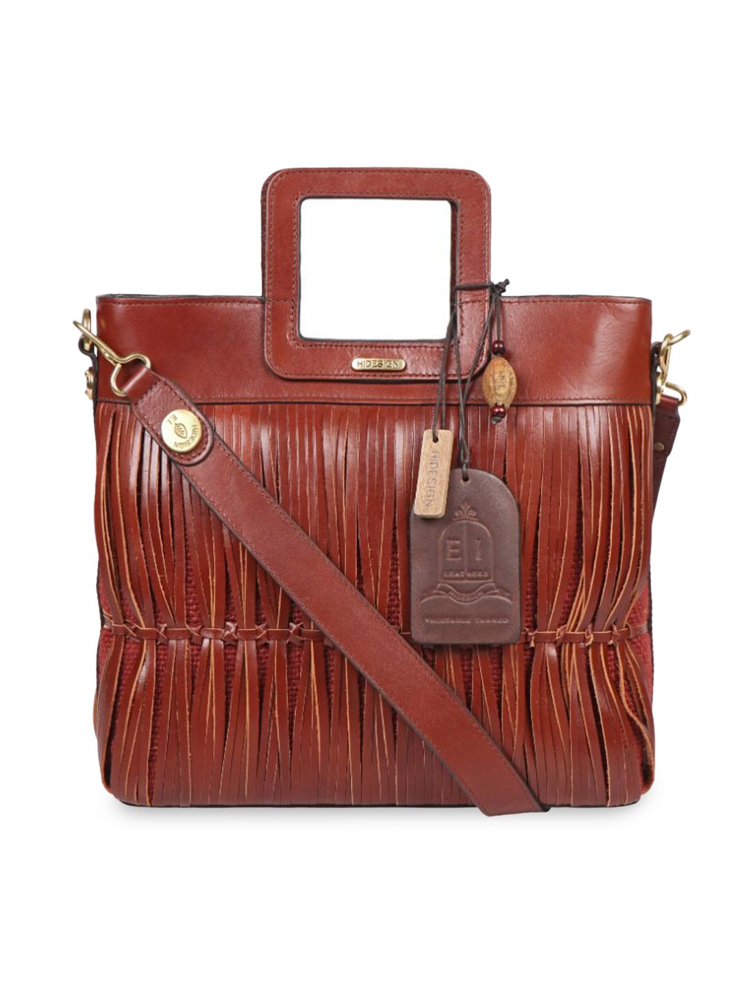 

Hidesign Tan Leather Structured Handheld Bag with Tasselled