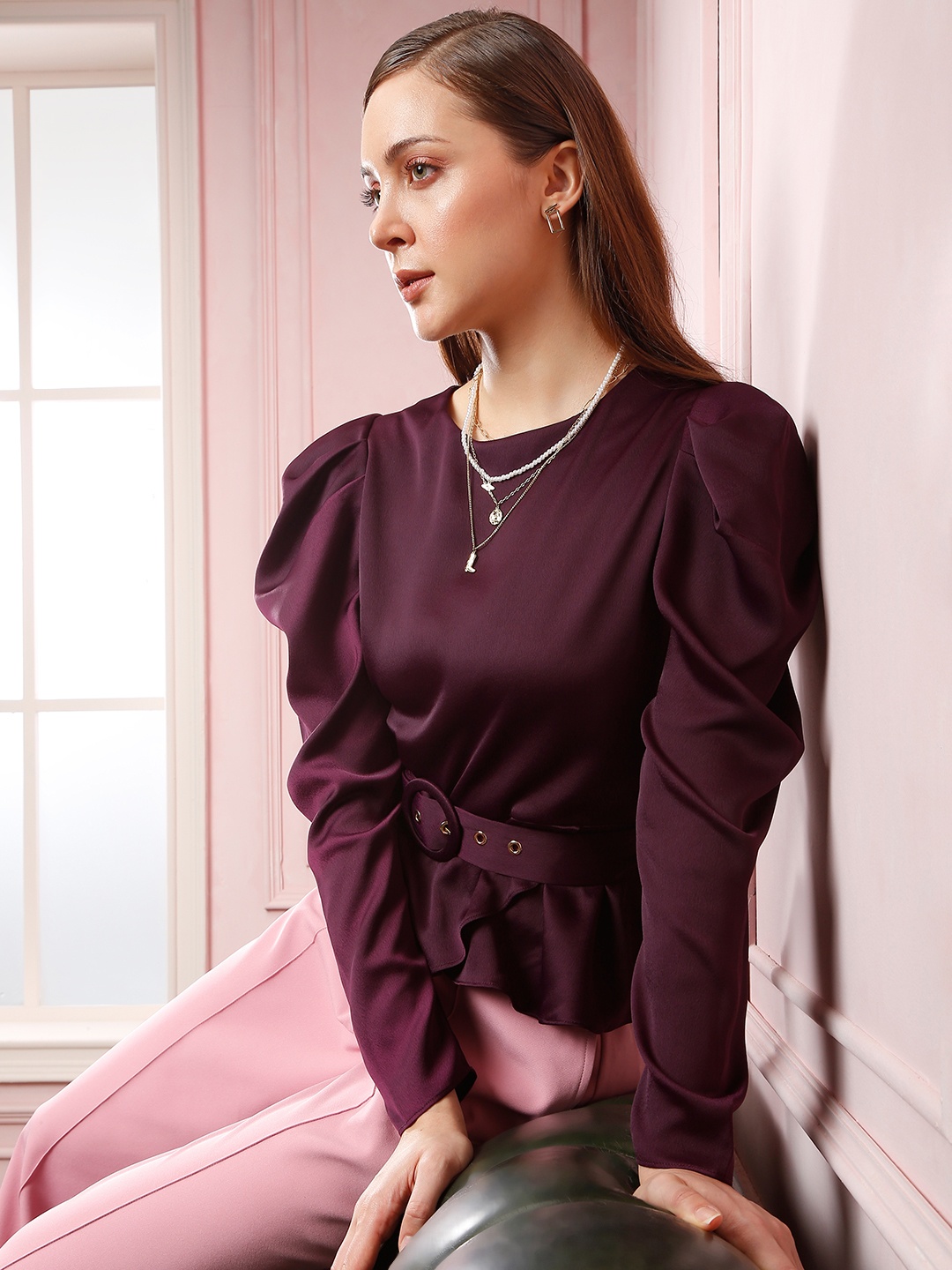 

Vero Moda Women Maroon Puff Sleeve Belted Top