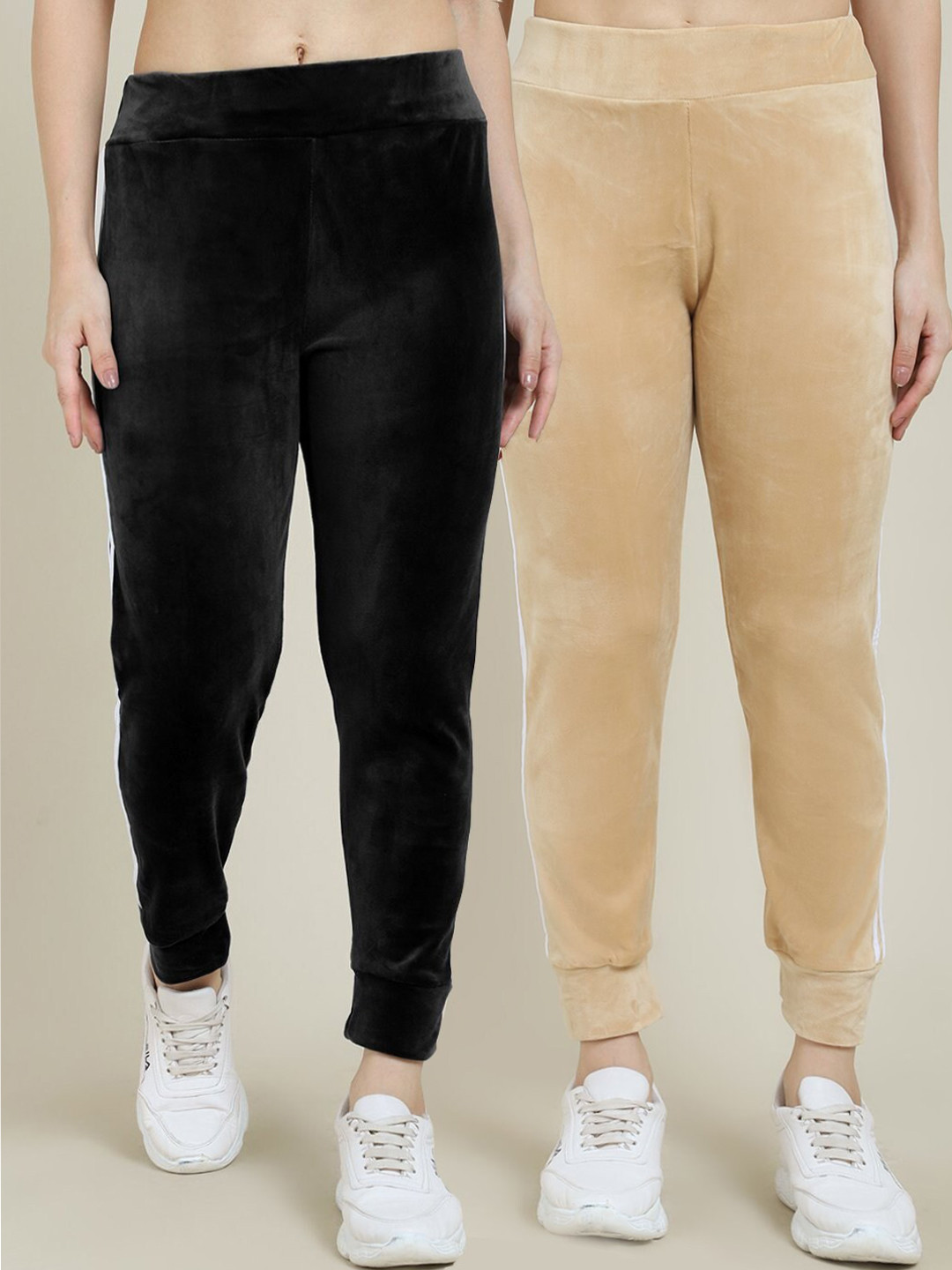 

Miaz Lifestyle Women Pack Of 2 Black & Beige Solid Velvet Regular-Fit Joggers
