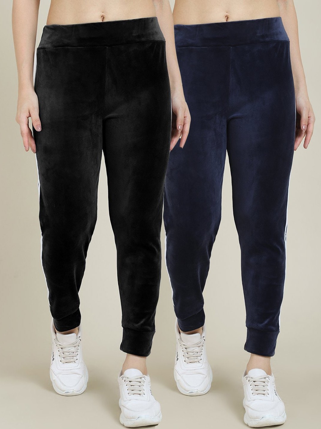 

Miaz Lifestyle Women Pack Of 2 Navy Blue & Black Striped Regular-Fit Running Joggers