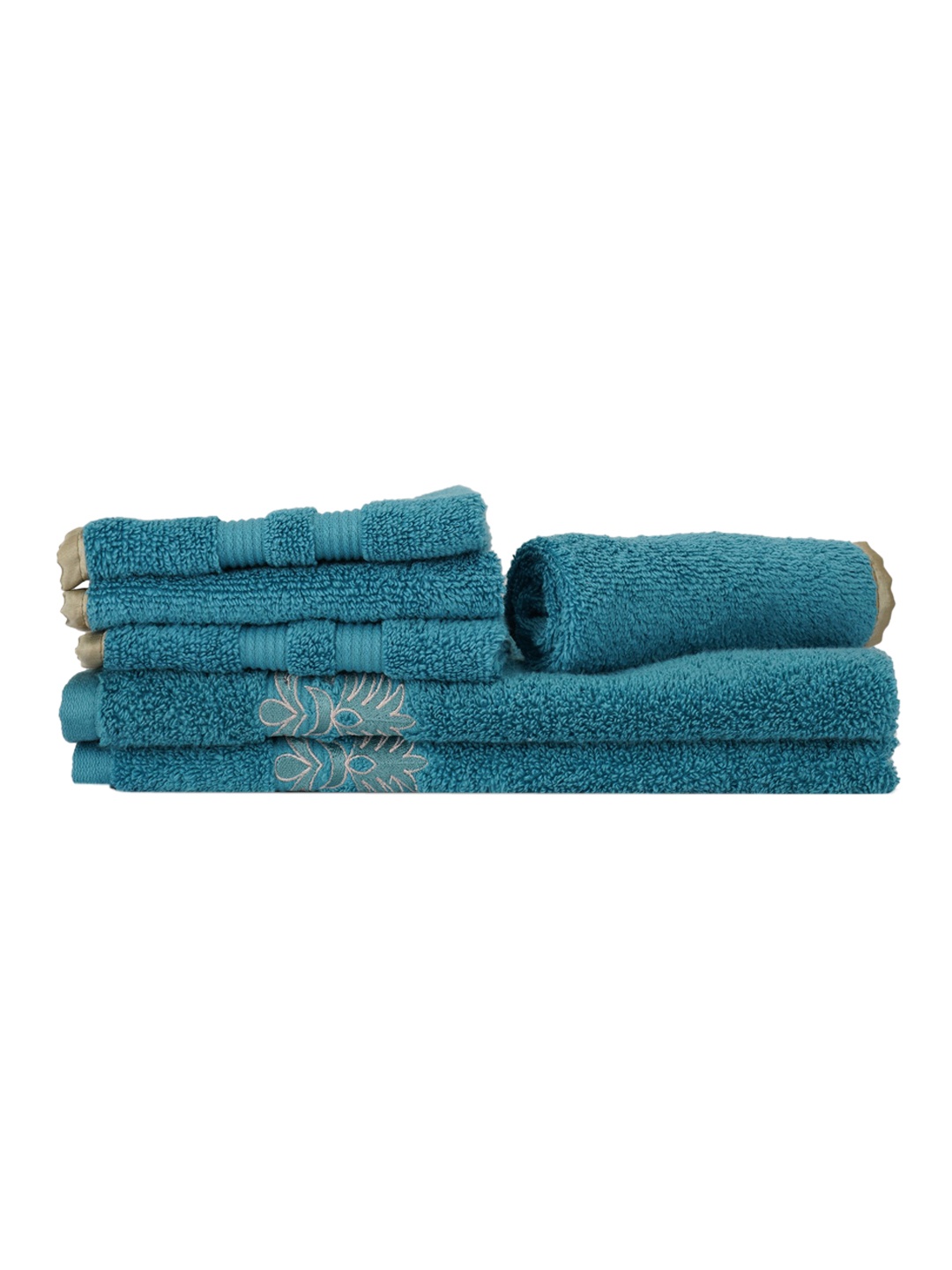 

LUSH & BEYOND Set Of 6 Turquoise Blue Self-Design 500 GSM Pure Cotton Towels Set