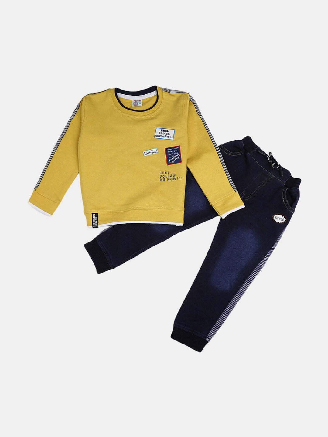 

V-Mart Kids Mustard & Navy Blue Printed Pure Cotton T-shirt with Pyjama
