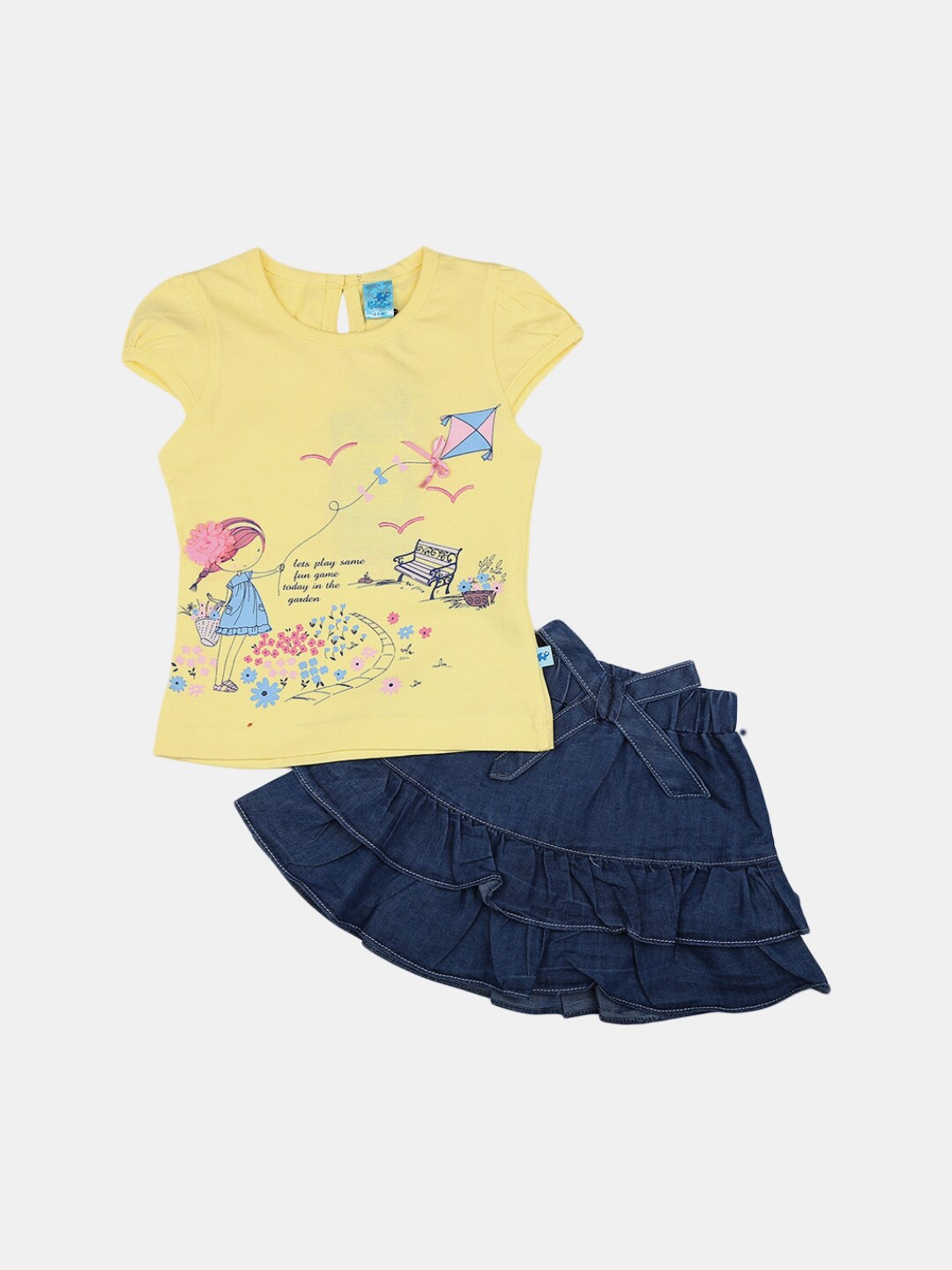 

V-Mart Girls Yellow & Blue Printed Pure Cotton T-shirt with Skirt