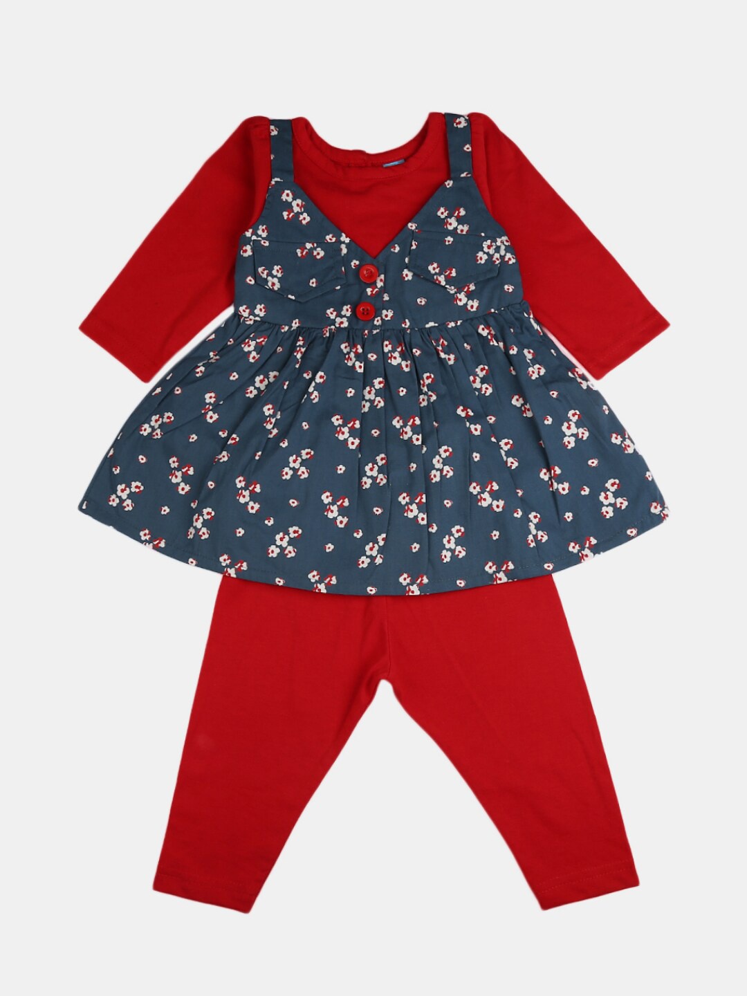 

V-Mart Girls Red & Navy Blue Printed Pure Cotton Tunic with Pyjama