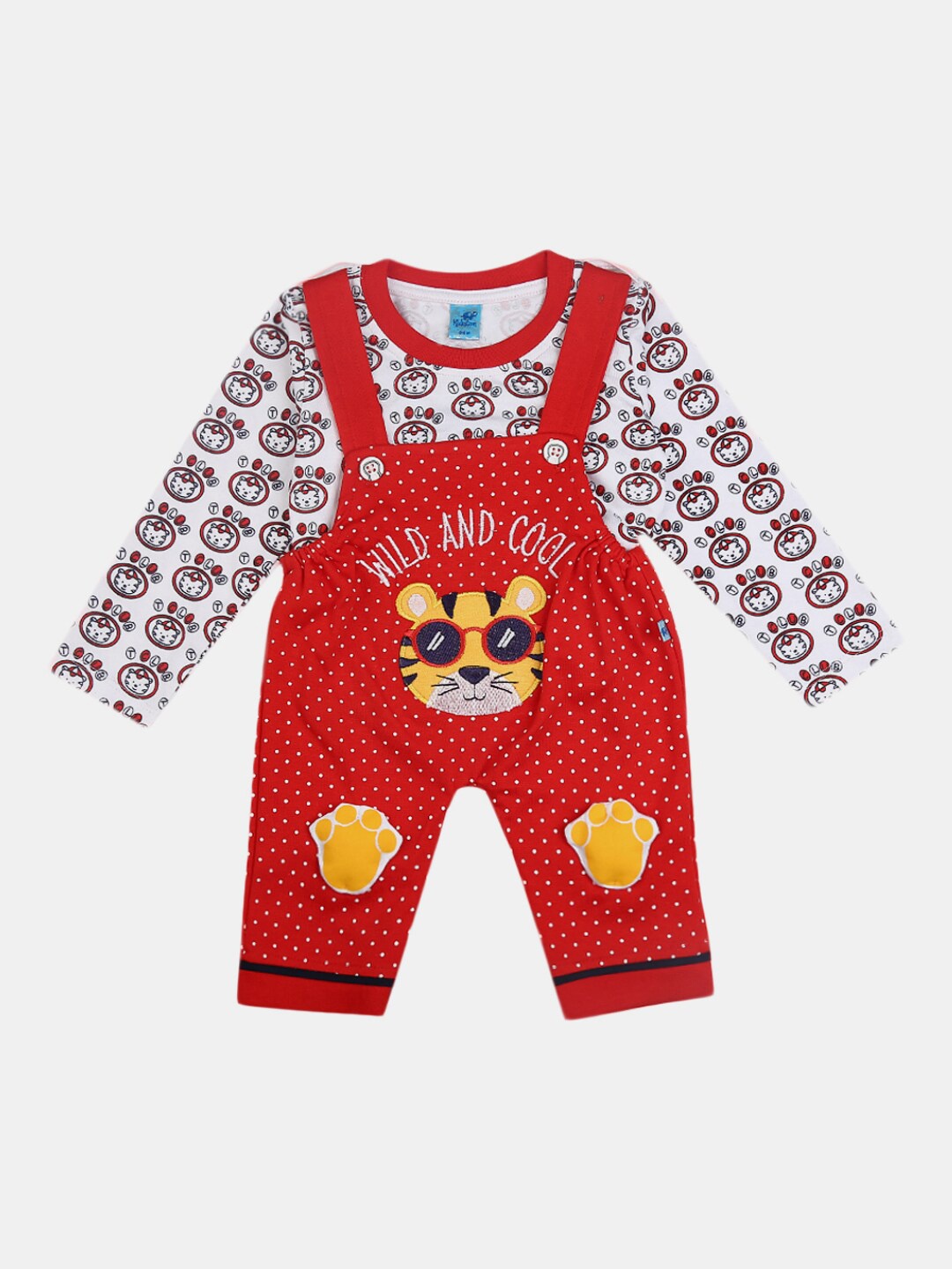 

V-Mart Kids Red & White Printed Pure Cotton T-shirt with Dungarees